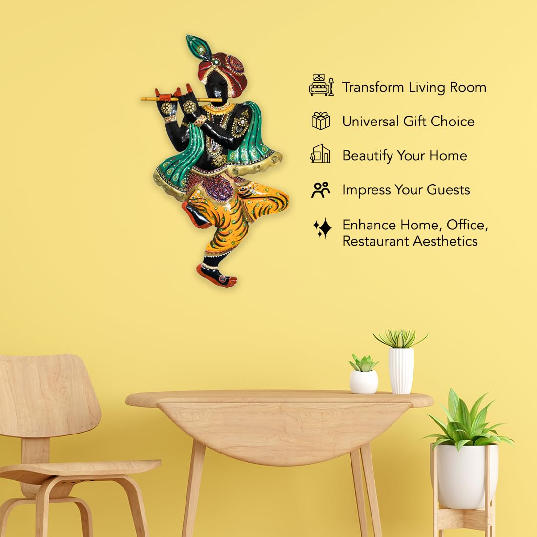 Handcrafted Metal Krishna Playing Flute Wall Art (92x52 cm)