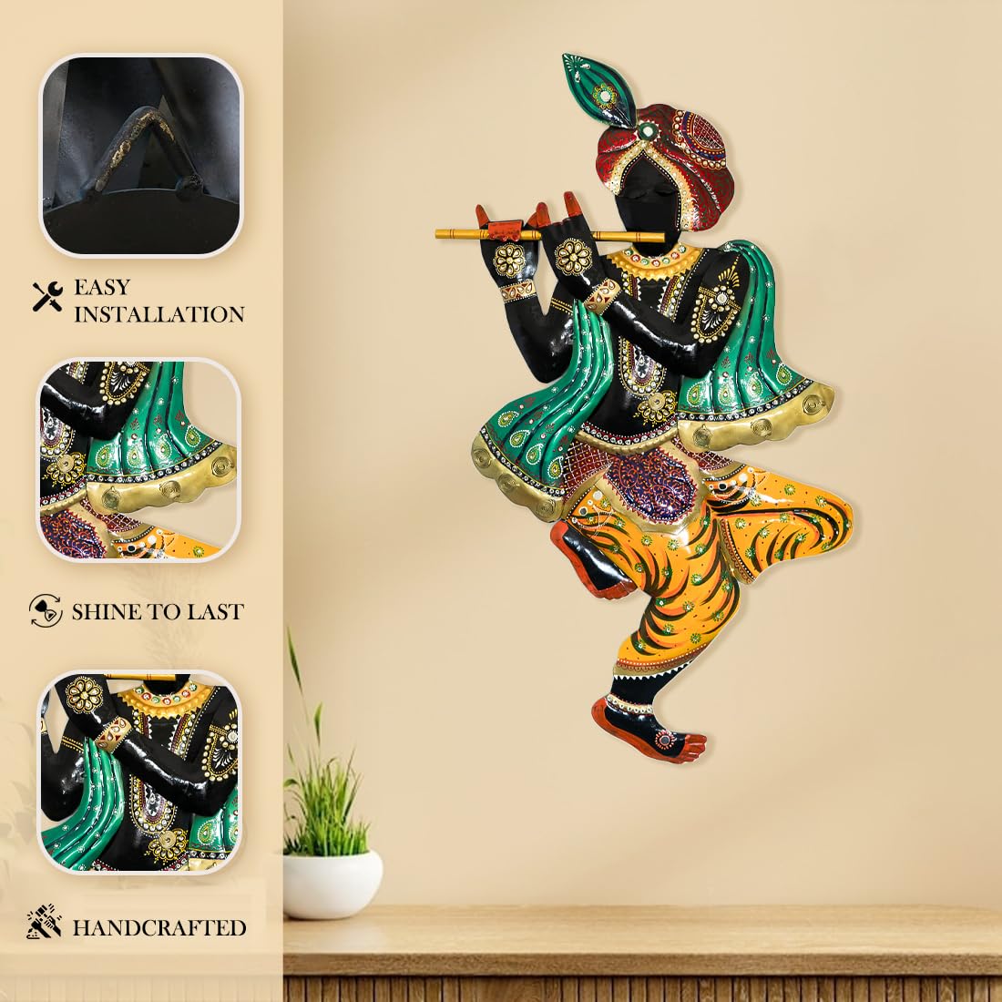 Handcrafted Metal Krishna Playing Flute Wall Art (92x52 cm)