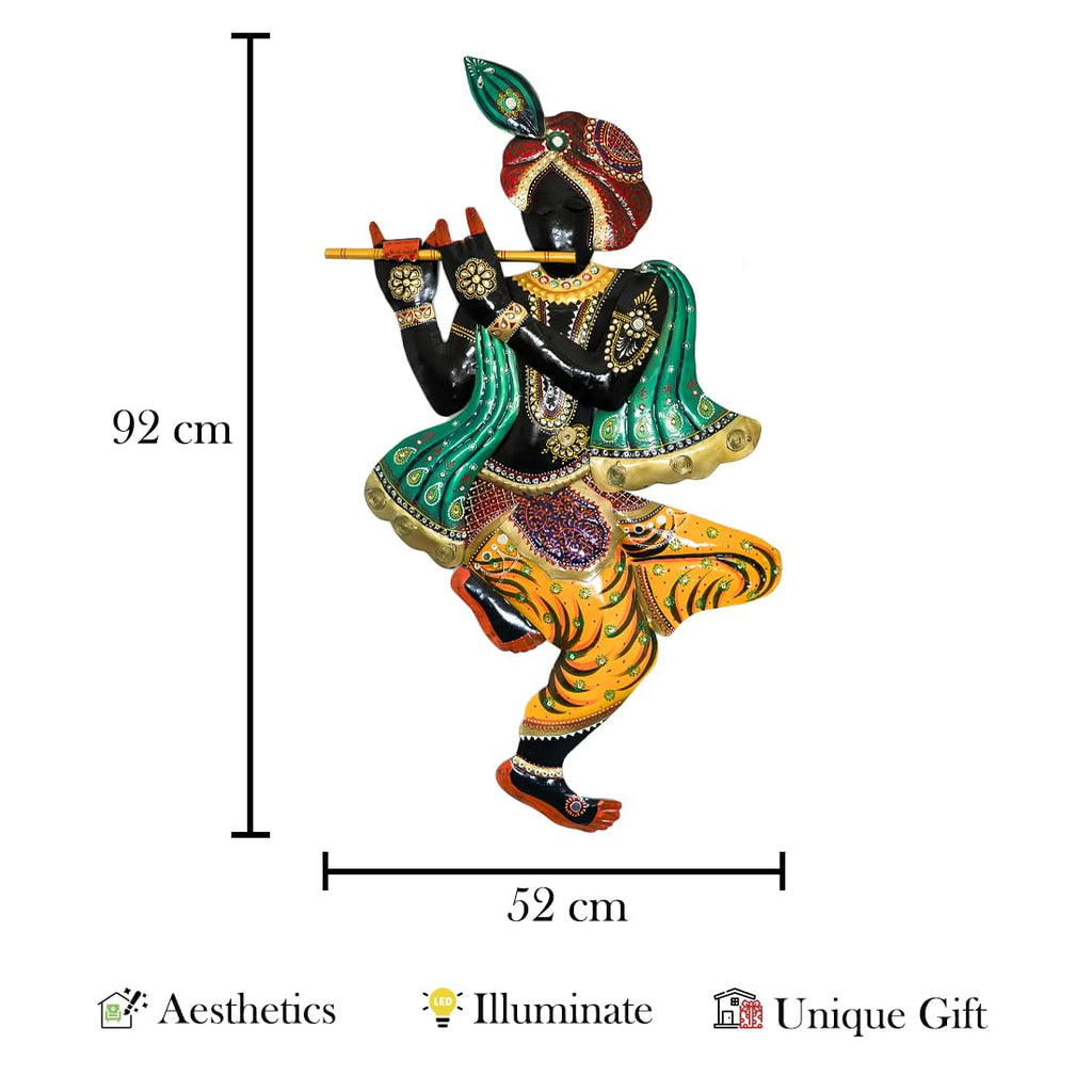 Handcrafted Metal Krishna Playing Flute Wall Art (92x52 cm)