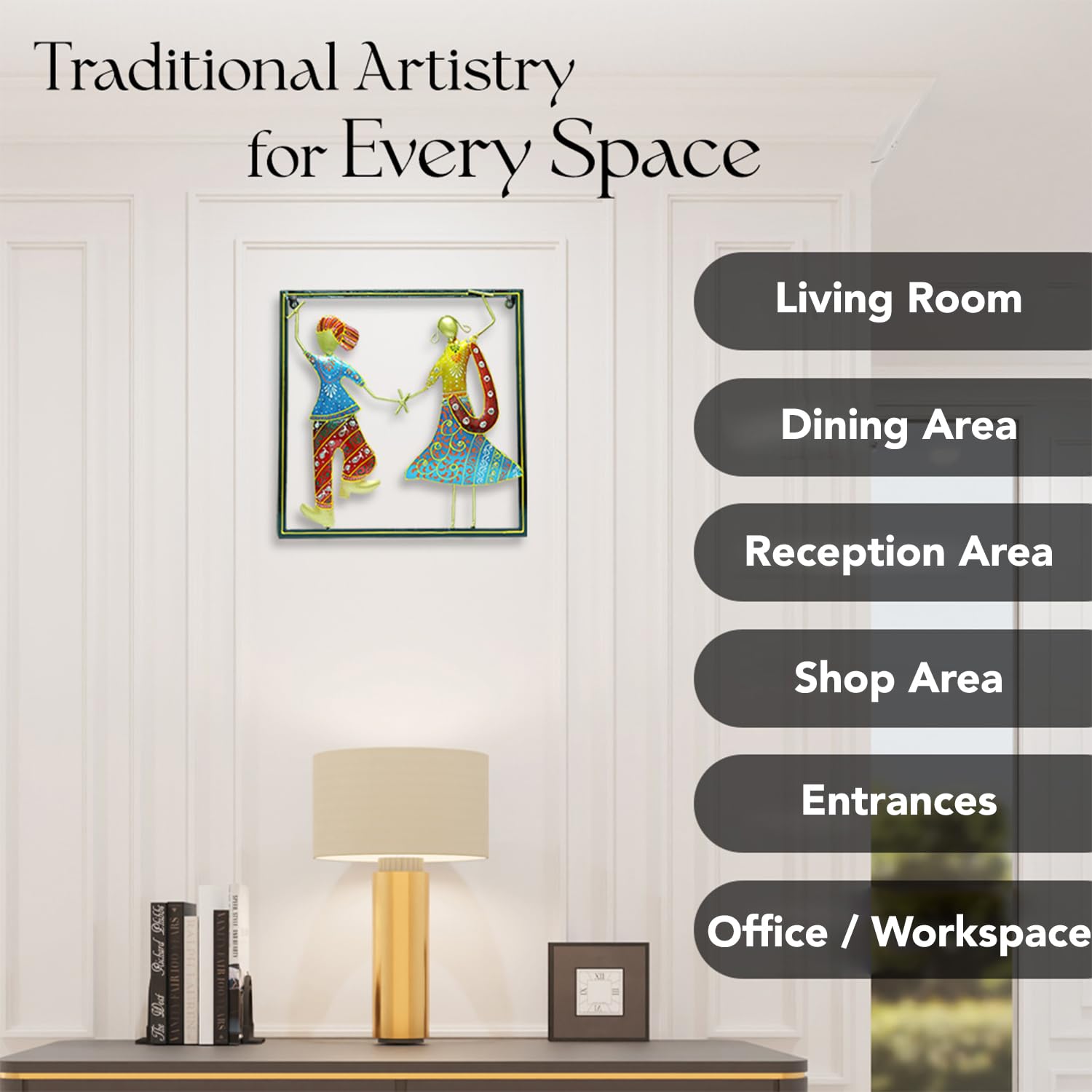 Vibrant Bhangra Couple Metal Wall Art – Handcrafted Ethnic Decor (35.5 x 35.8 cm)