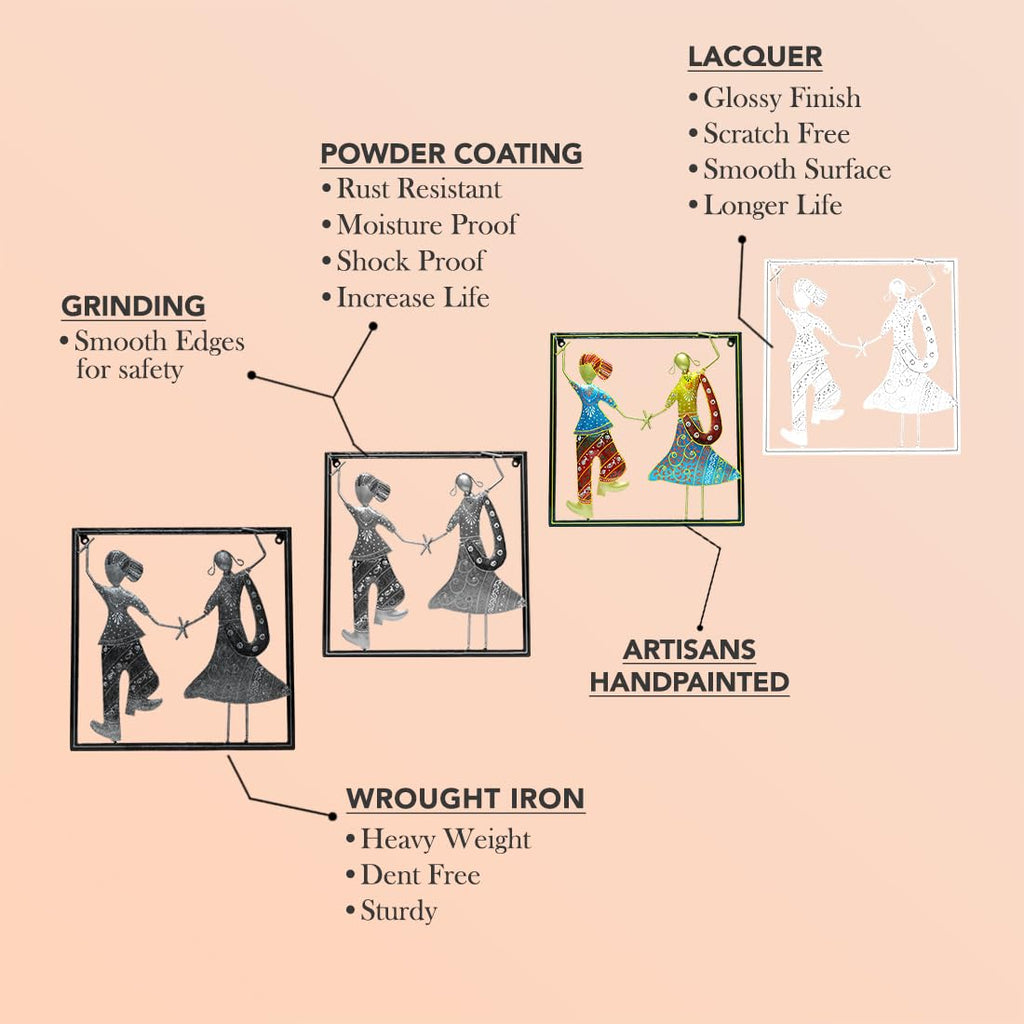 Vibrant Bhangra Couple Metal Wall Art – Handcrafted Ethnic Decor (35.5 x 35.8 cm)