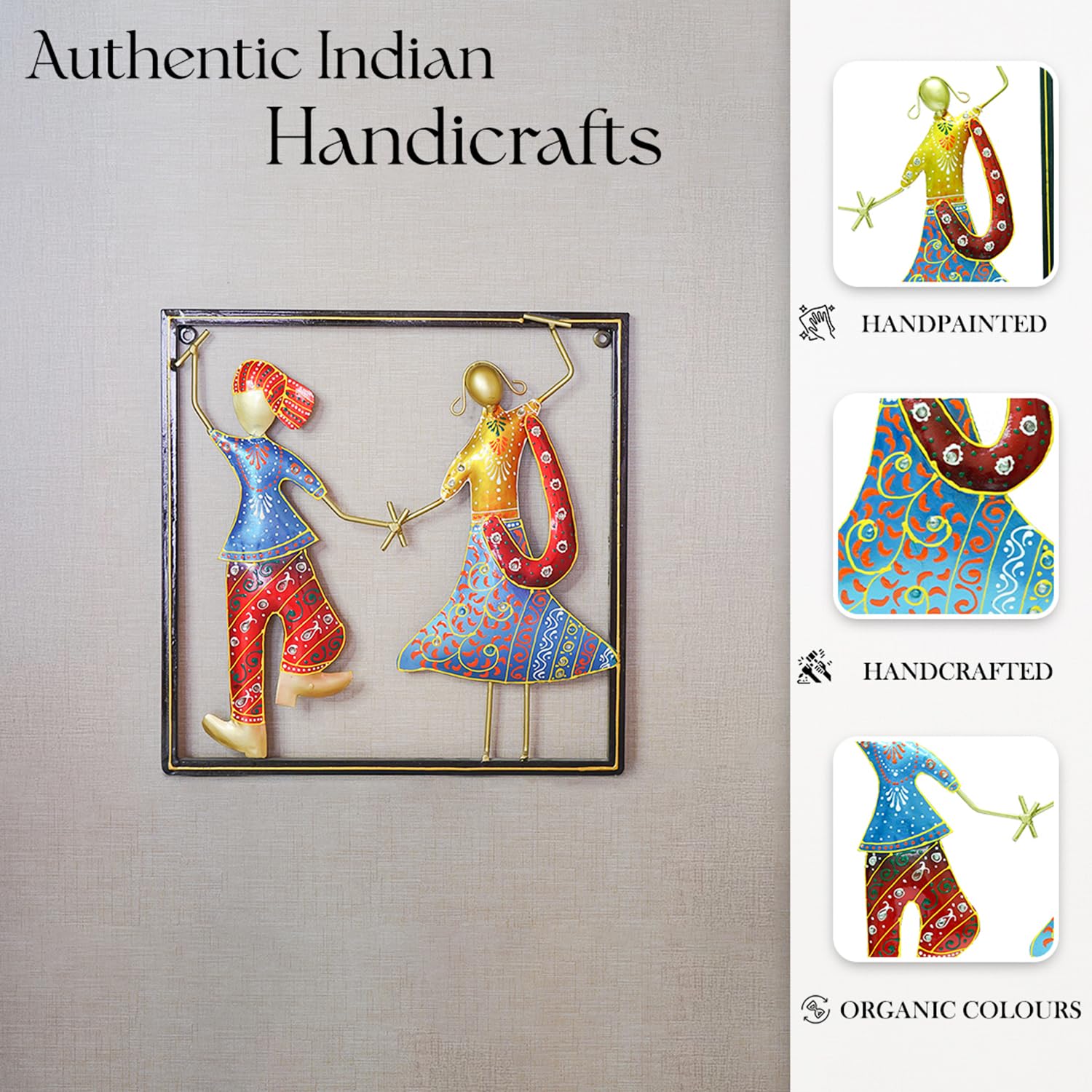 Vibrant Bhangra Couple Metal Wall Art – Handcrafted Ethnic Decor (35.5 x 35.8 cm)