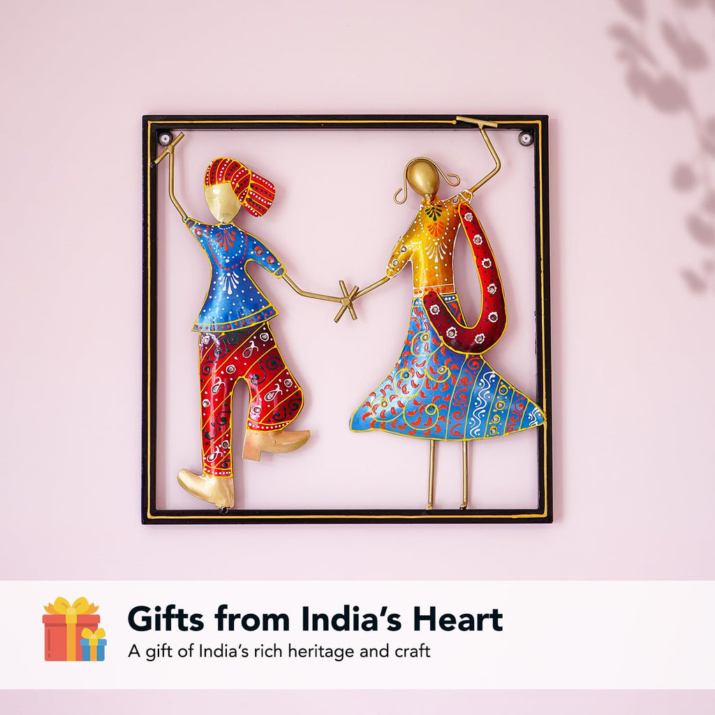 Vibrant Bhangra Couple Metal Wall Art – Handcrafted Ethnic Decor (35.5 x 35.8 cm)