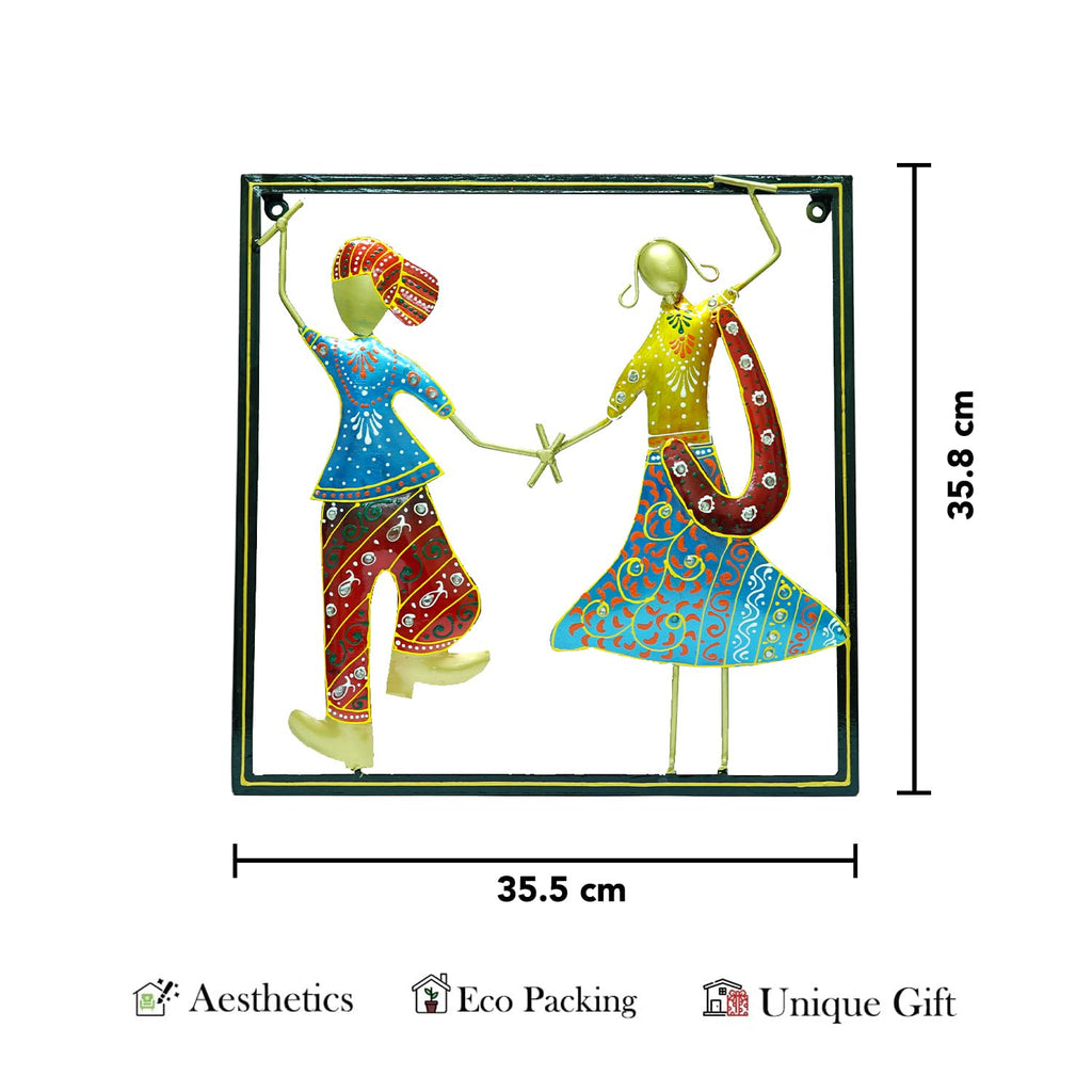 Vibrant Bhangra Couple Metal Wall Art – Handcrafted Ethnic Decor (35.5 x 35.8 cm)