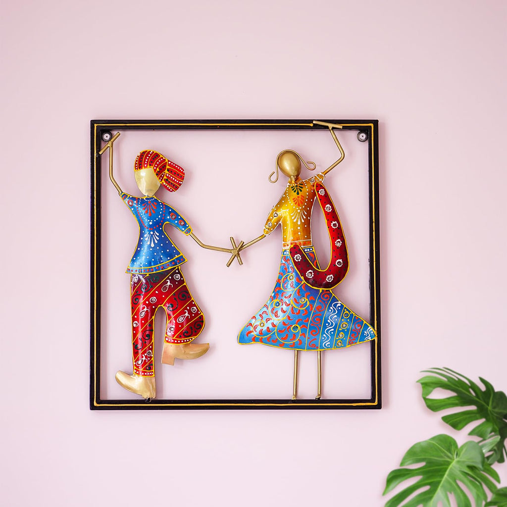 Vibrant Bhangra Couple Metal Wall Art – Handcrafted Ethnic Decor (35.5 x 35.8 cm)