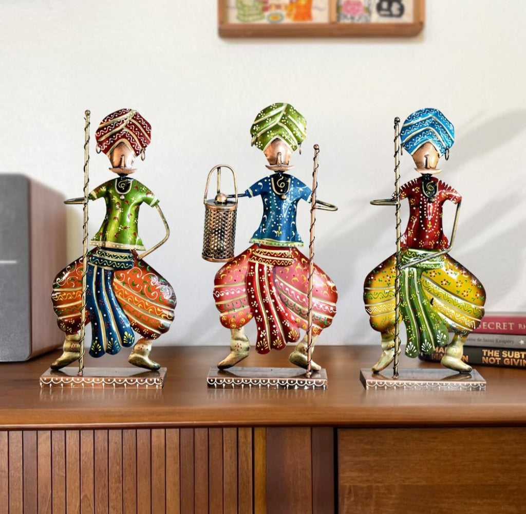 Set of 3 Handcrafted Rajasthani Musician Figurines – Traditional Iron Art Décor