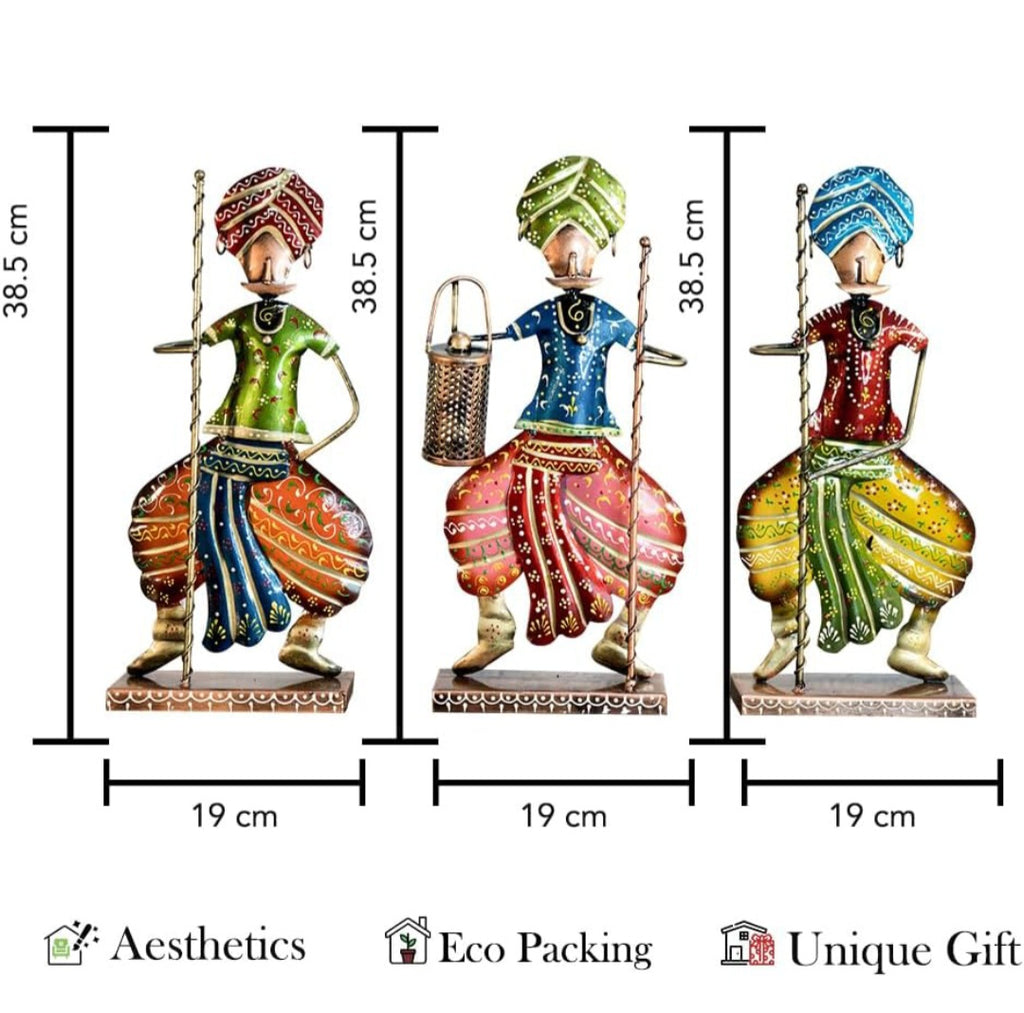 Set of 3 Handcrafted Rajasthani Musician Figurines – Traditional Iron Art Décor