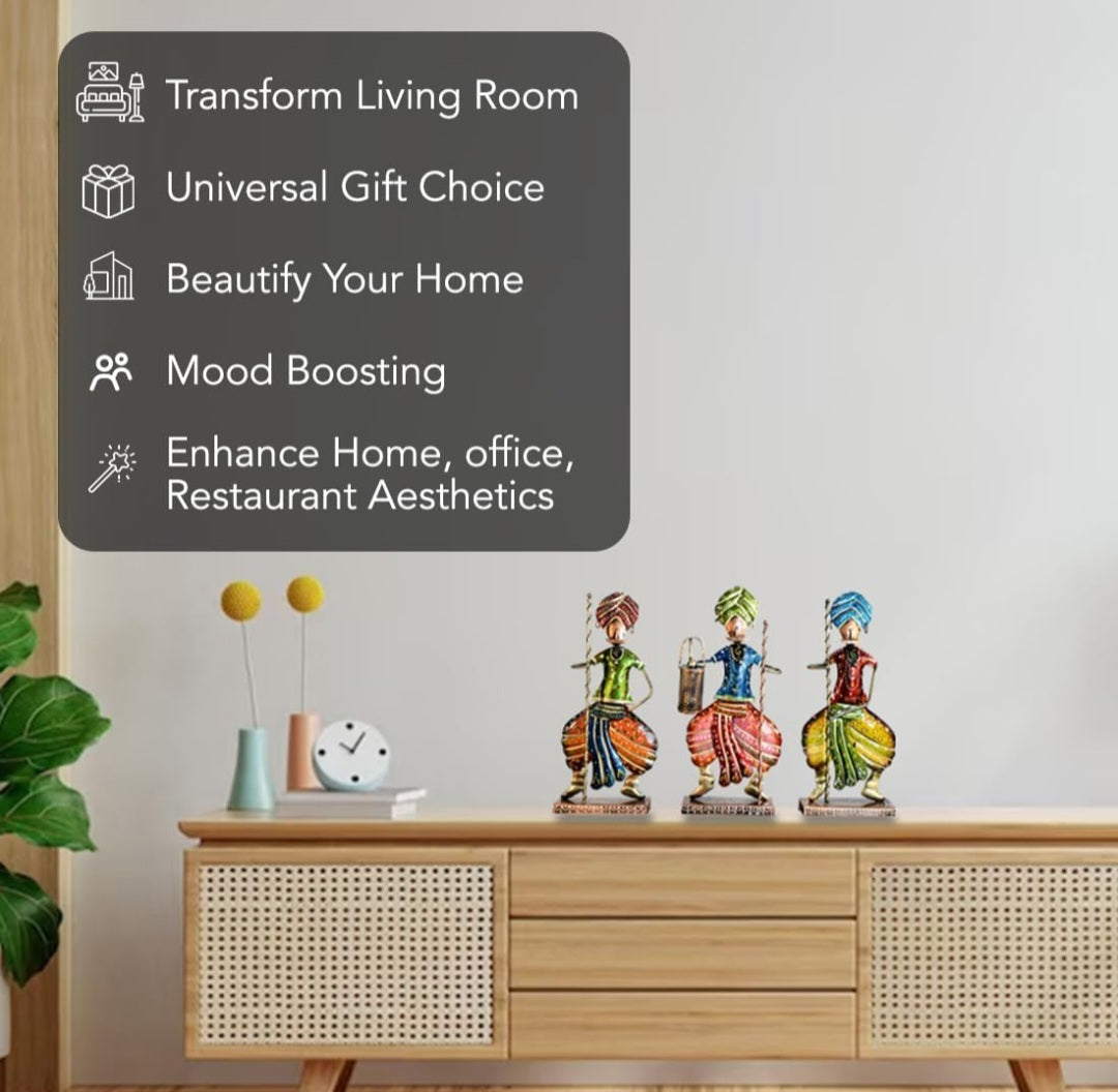 Set of 3 Handcrafted Rajasthani Musician Figurines – Traditional Iron Art Décor