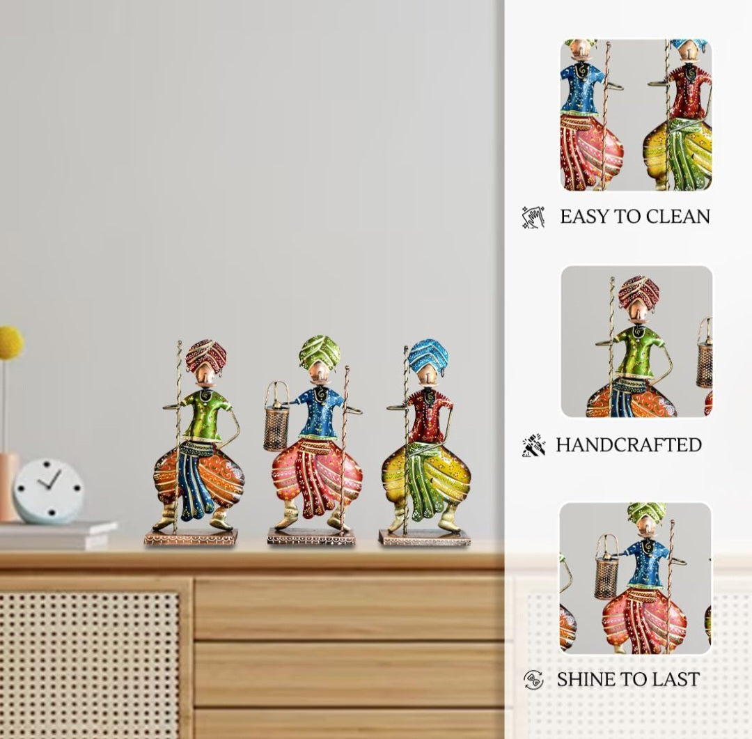 Set of 3 Handcrafted Rajasthani Musician Figurines – Traditional Iron Art Décor