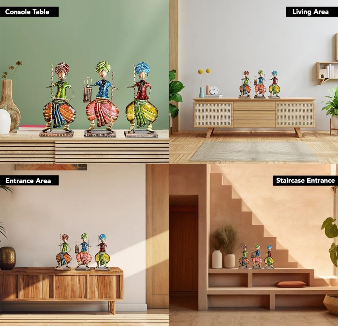 Set of 3 Handcrafted Rajasthani Musician Figurines – Traditional Iron Art Décor