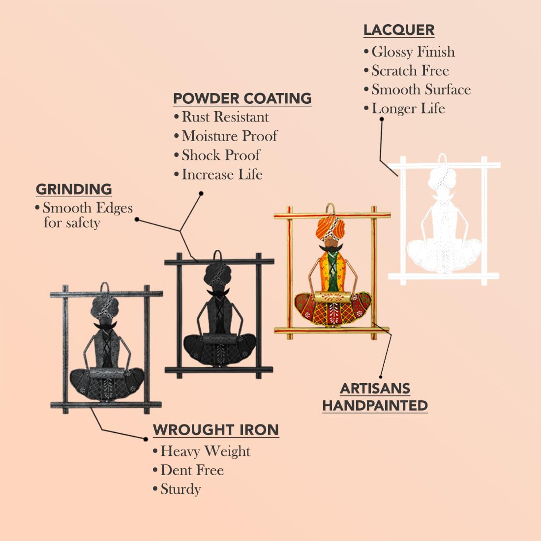 Traditional Rajasthani Musician Wall Art Set (Handcrafted Iron Décor – Set of 3)