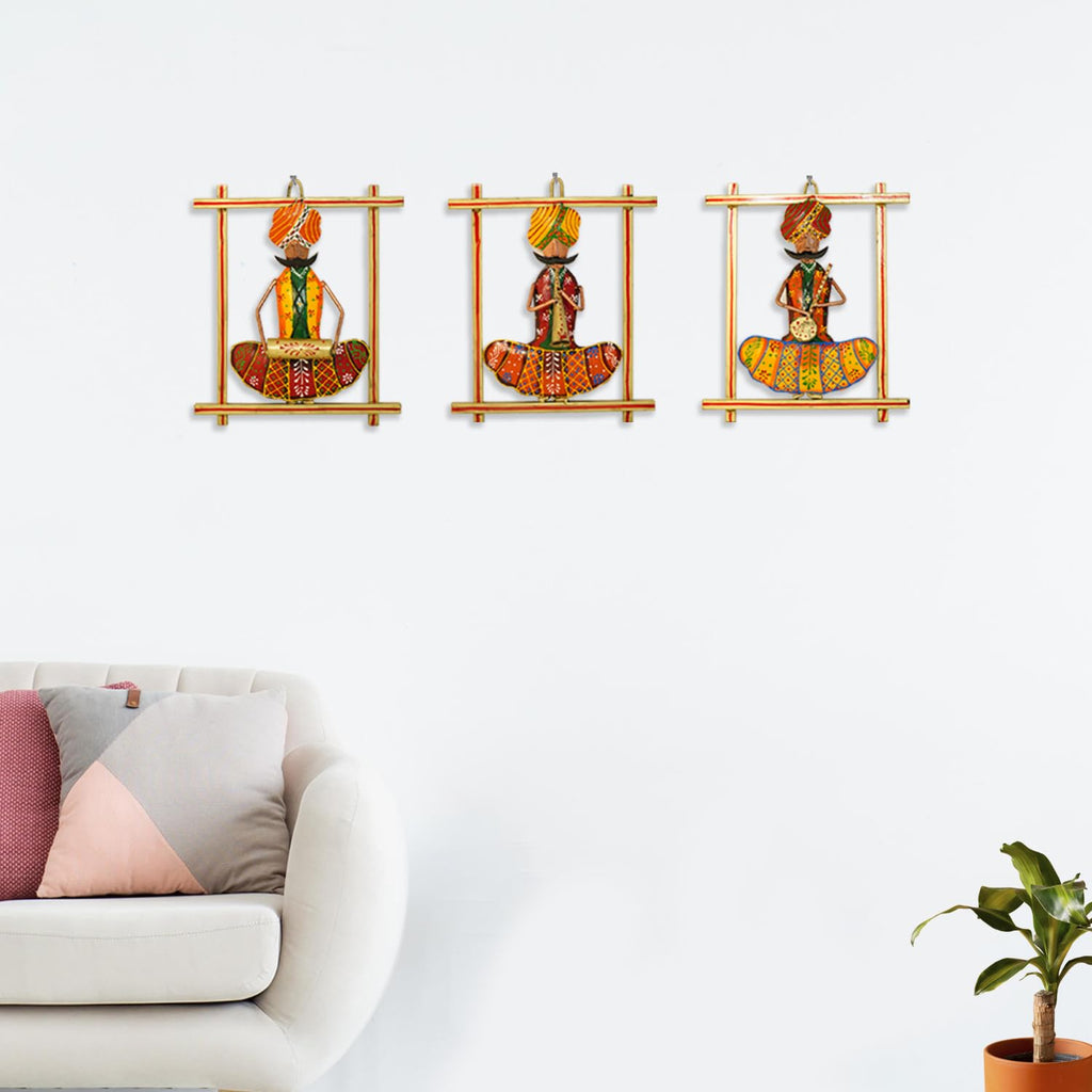 Traditional Rajasthani Musician Wall Art Set (Handcrafted Iron Décor – Set of 3)