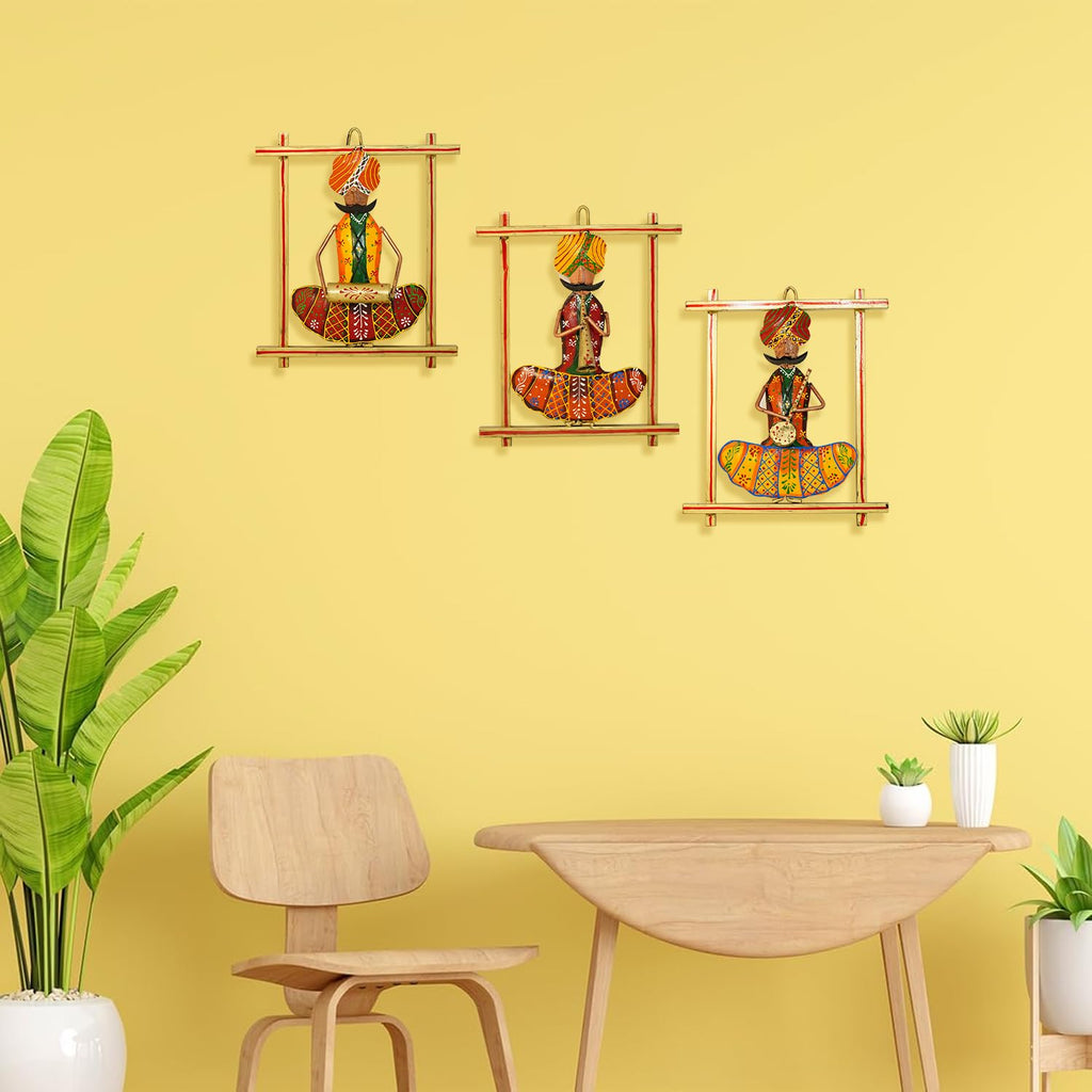 Traditional Rajasthani Musician Wall Art Set (Handcrafted Iron Décor – Set of 3)