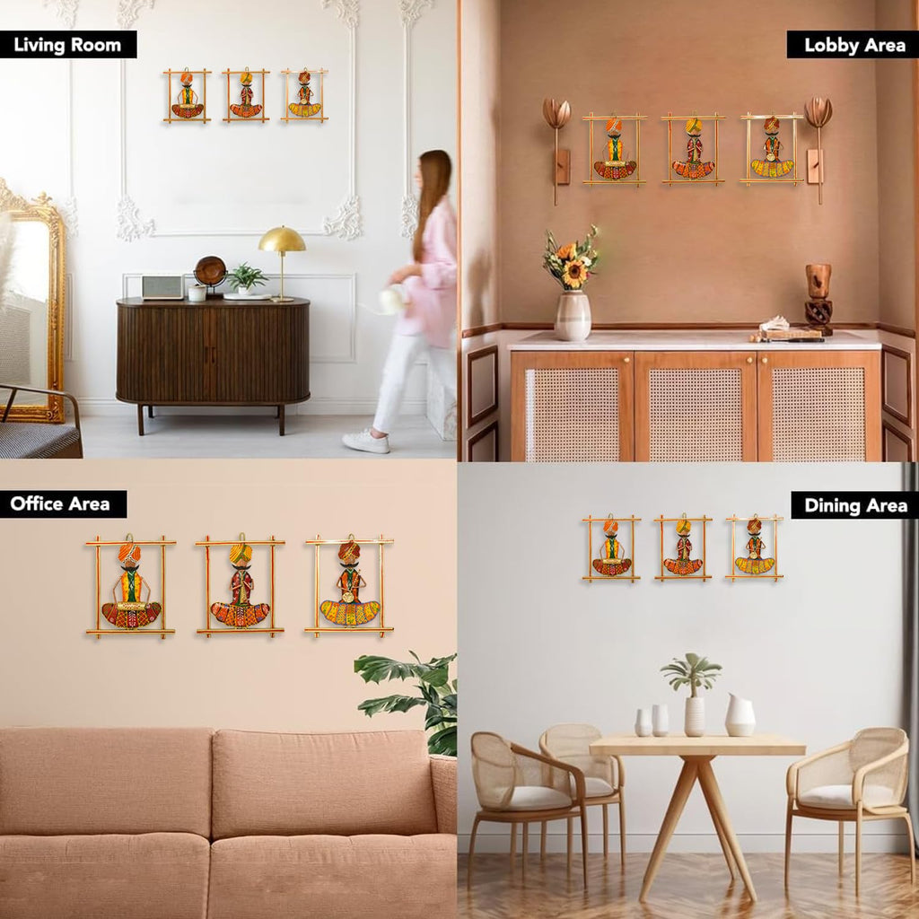 Traditional Rajasthani Musician Wall Art Set (Handcrafted Iron Décor – Set of 3)