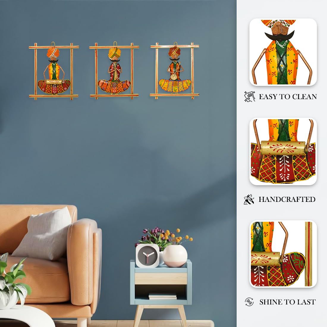 Traditional Rajasthani Musician Wall Art Set (Handcrafted Iron Décor – Set of 3)