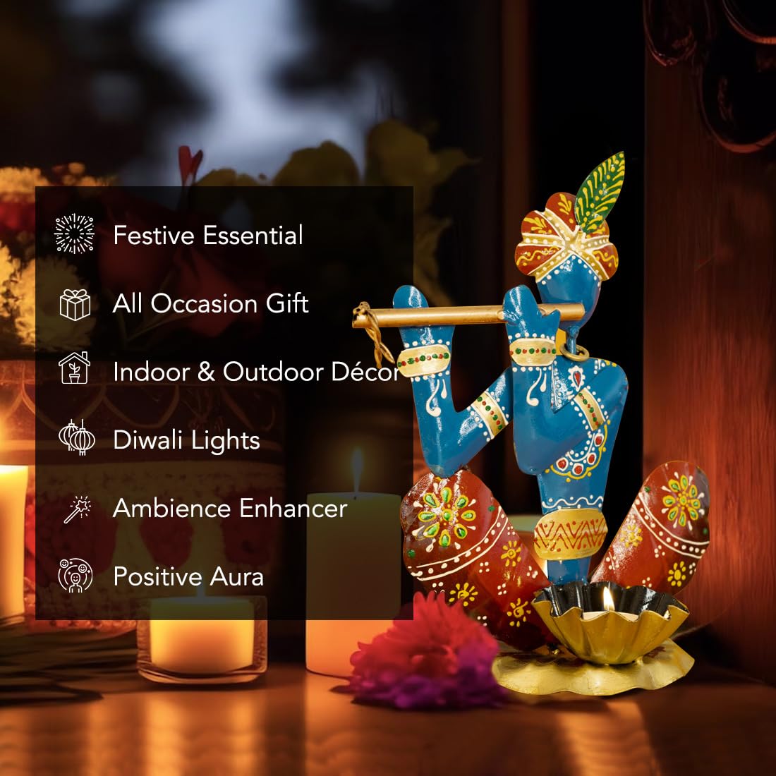 Handcrafted Metal Krishna Tealight Holder – 25 cm