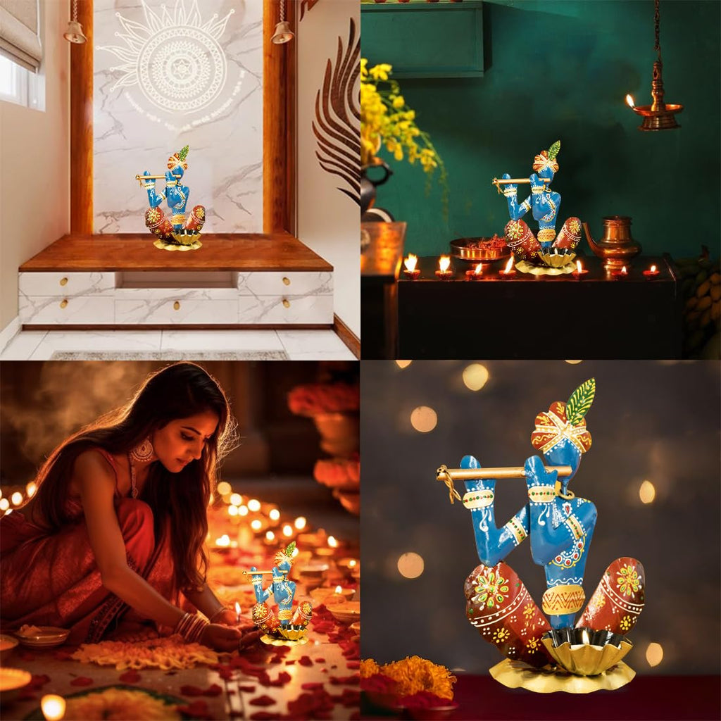 Handcrafted Metal Krishna Tealight Holder – 25 cm