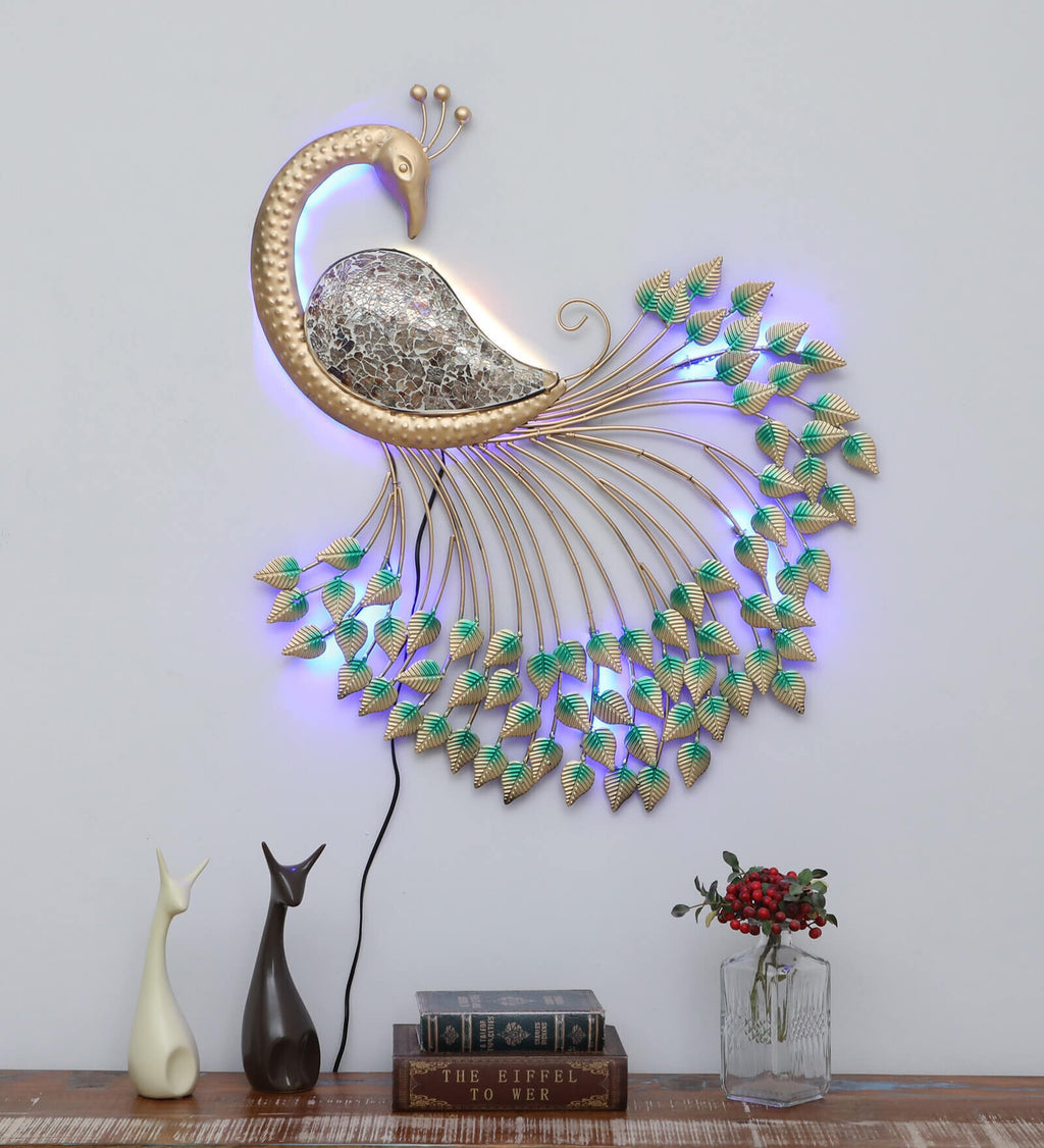 Elegant Golden Peacock Metal Wall Art with LED Backlight