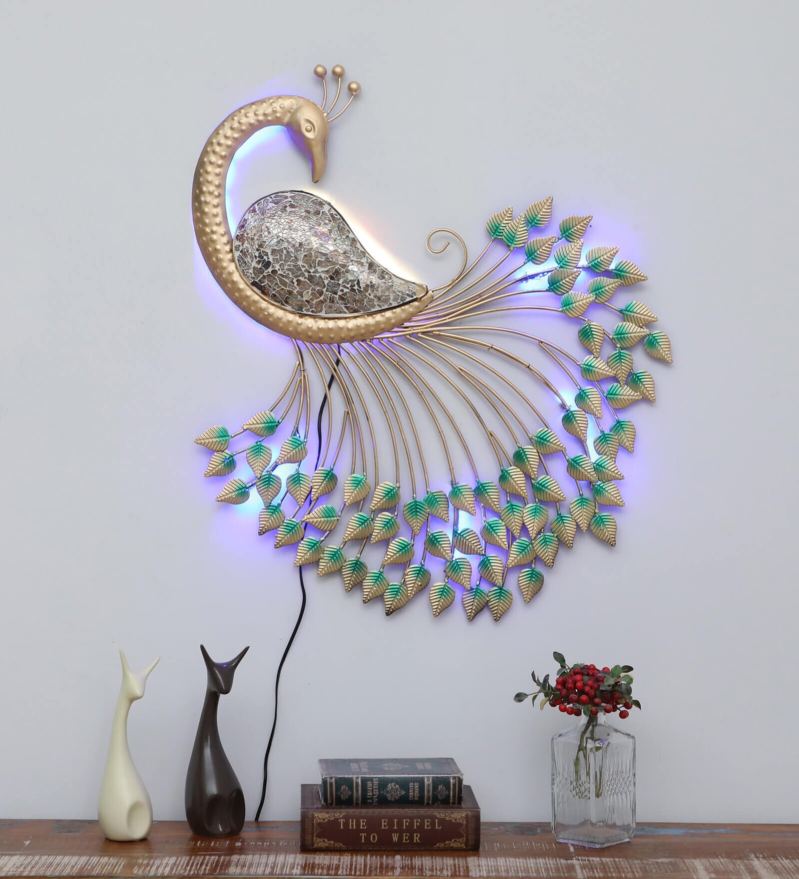 Elegant Golden Peacock Metal Wall Art with LED Backlight