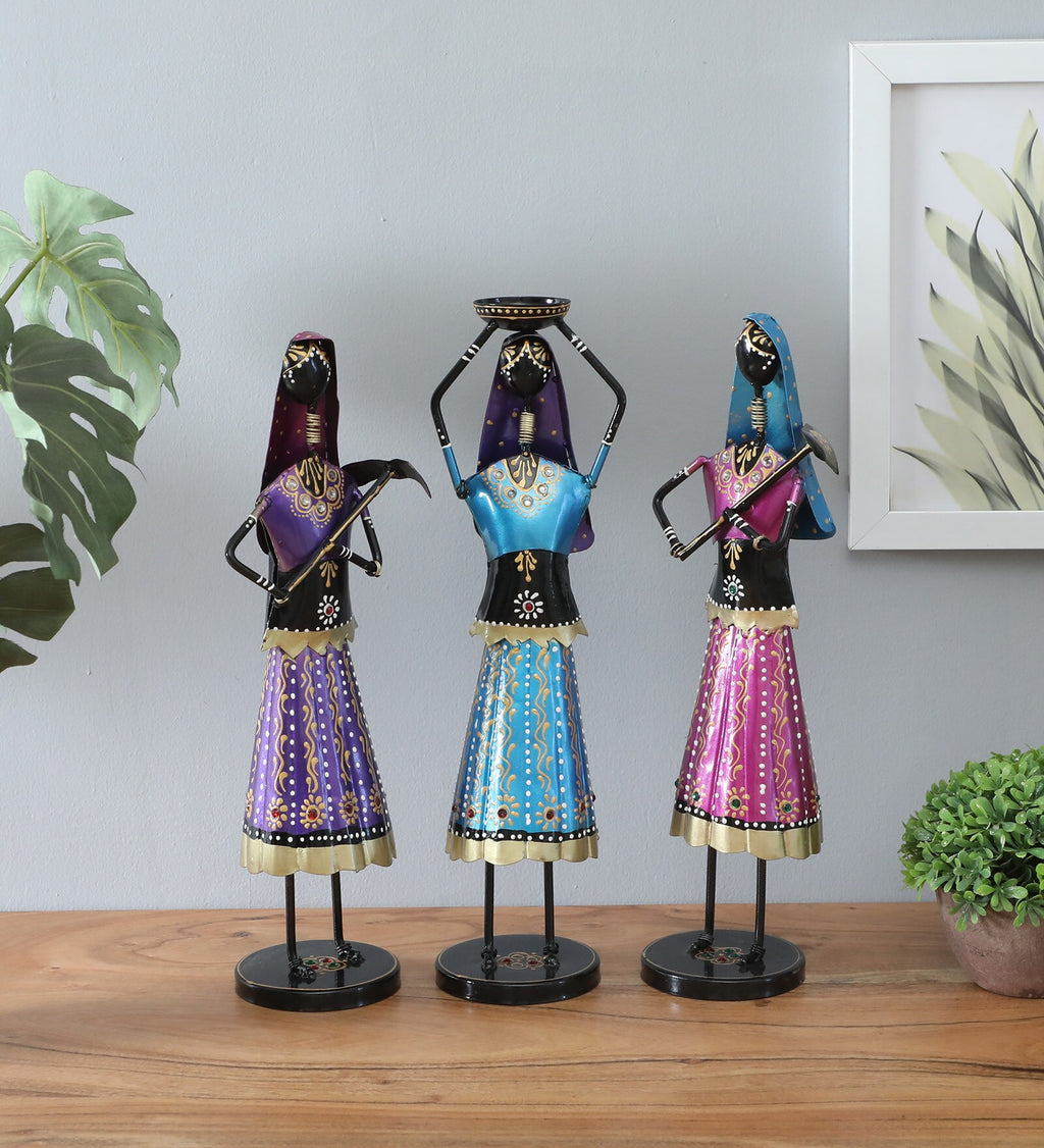 Handcrafted Rajasthani Women Metal Figurines – Set of 3 (30 cm)