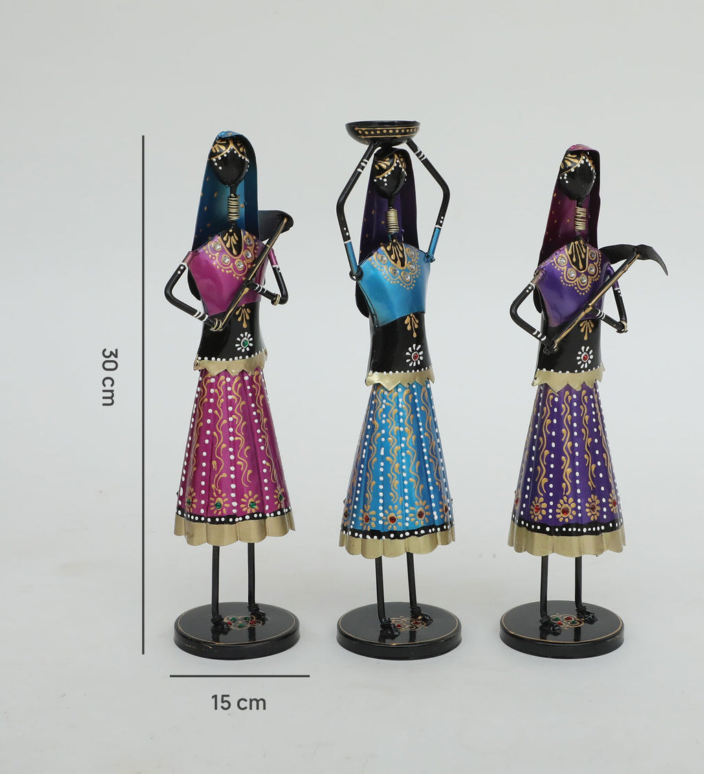 Handcrafted Rajasthani Women Metal Figurines – Set of 3 (30 cm)
