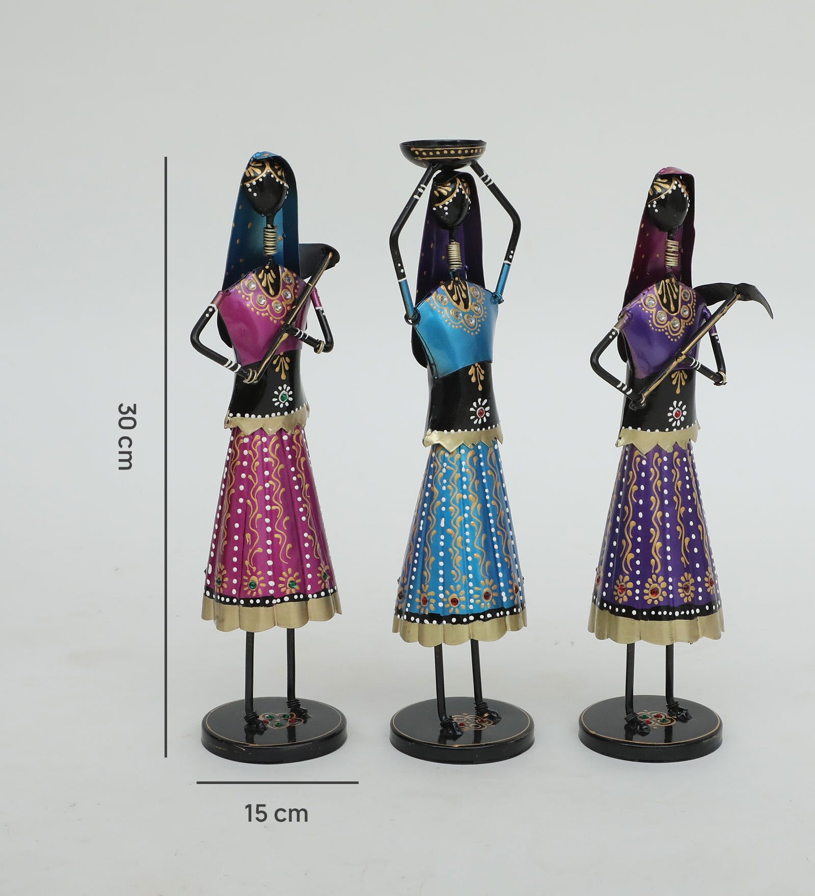 Handcrafted Rajasthani Women Metal Figurines – Set of 3 (30 cm)