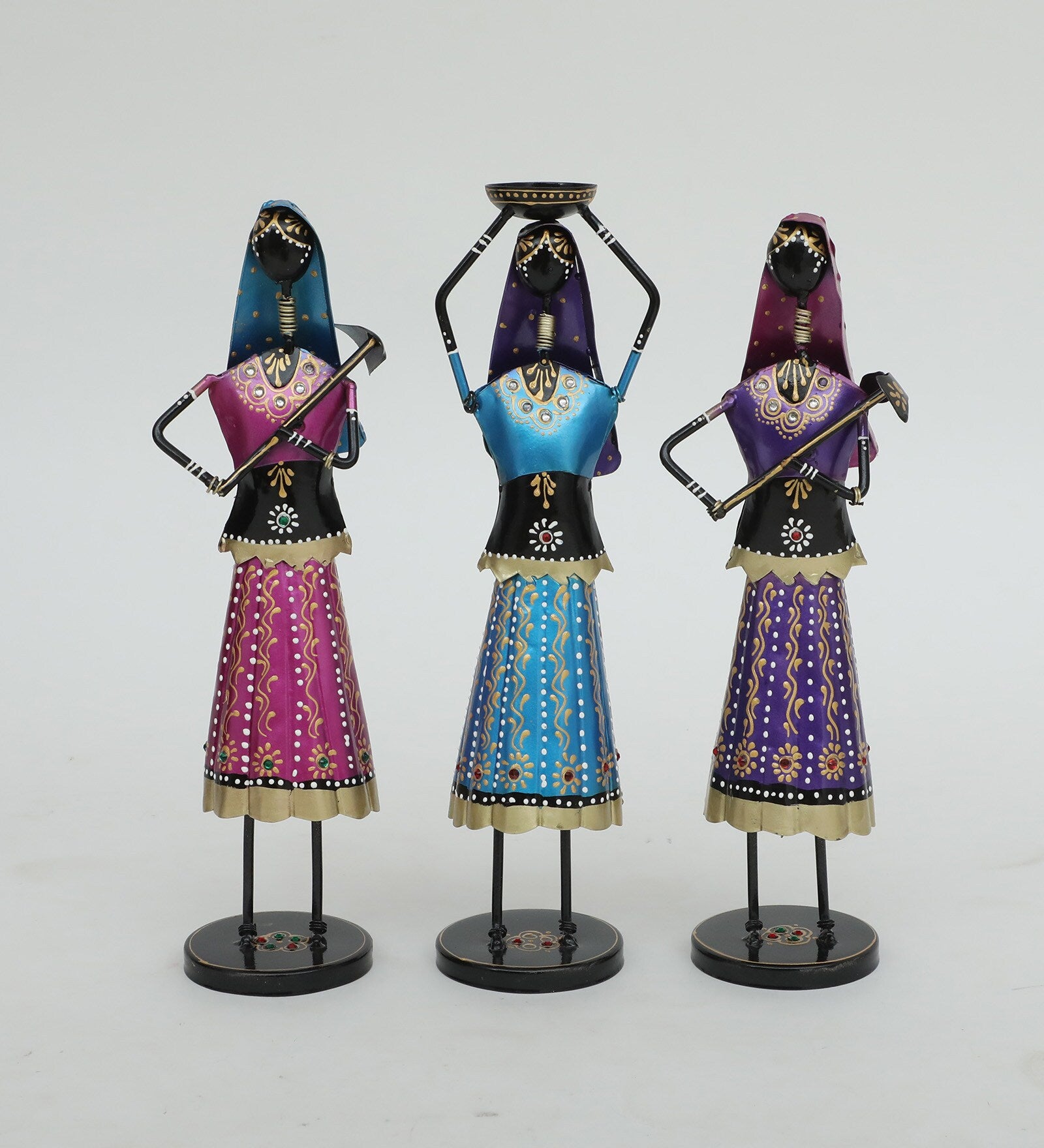 Handcrafted Rajasthani Women Metal Figurines – Set of 3 (30 cm)