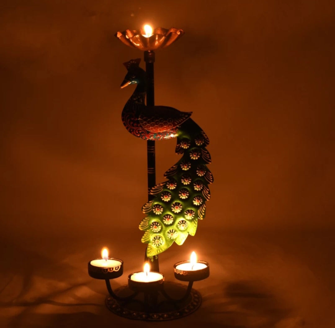 Handcrafted Metal Peacock Tealight Holder – Decorative Diya Stand
