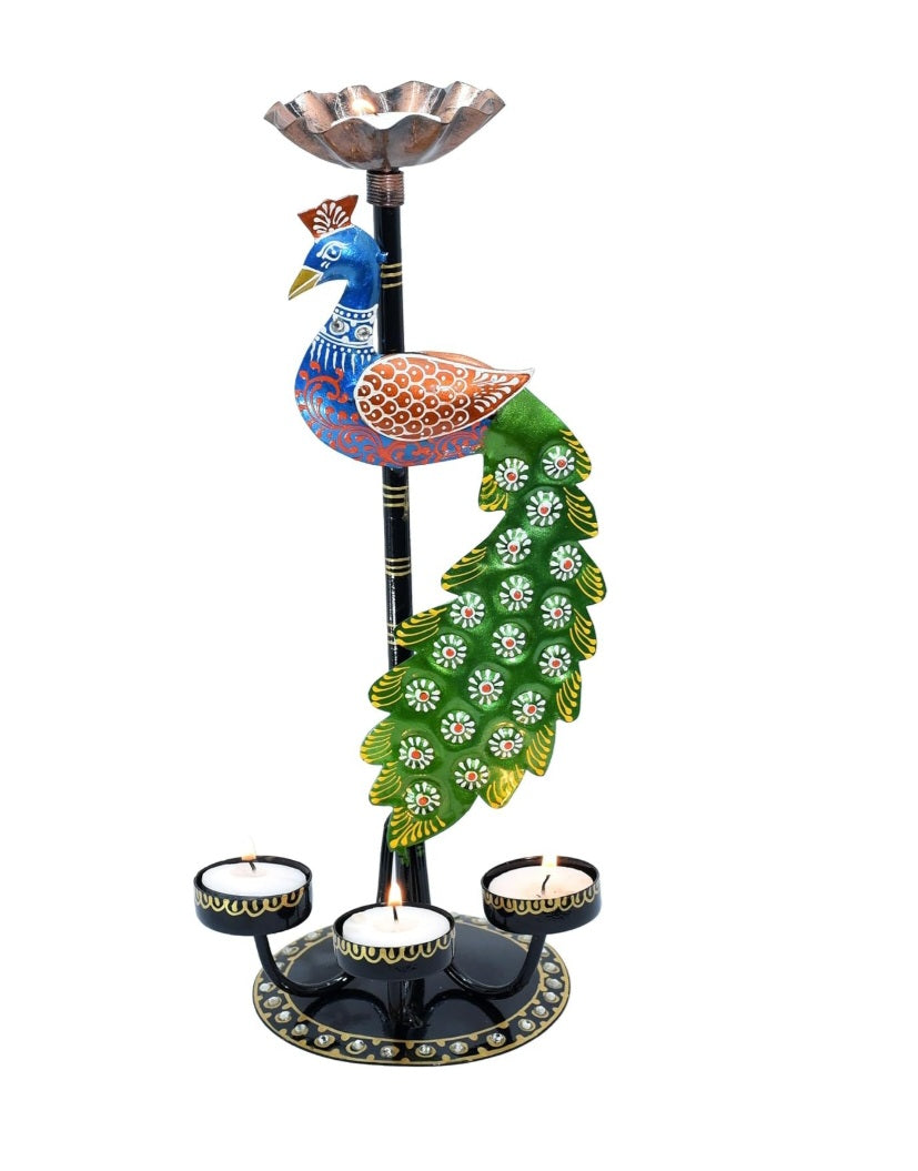 Handcrafted Metal Peacock Tealight Holder – Decorative Diya Stand