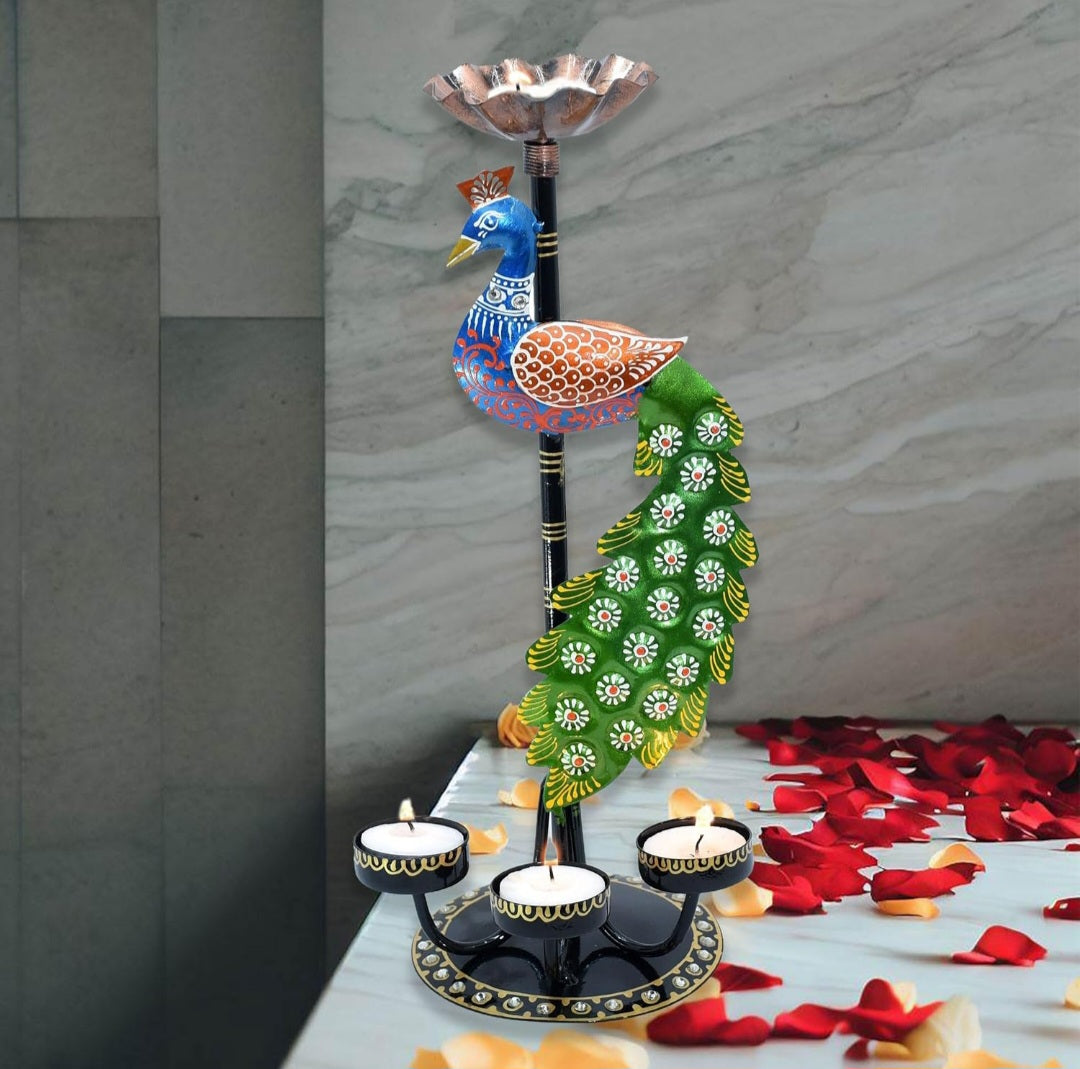 Handcrafted Metal Peacock Tealight Holder – Decorative Diya Stand