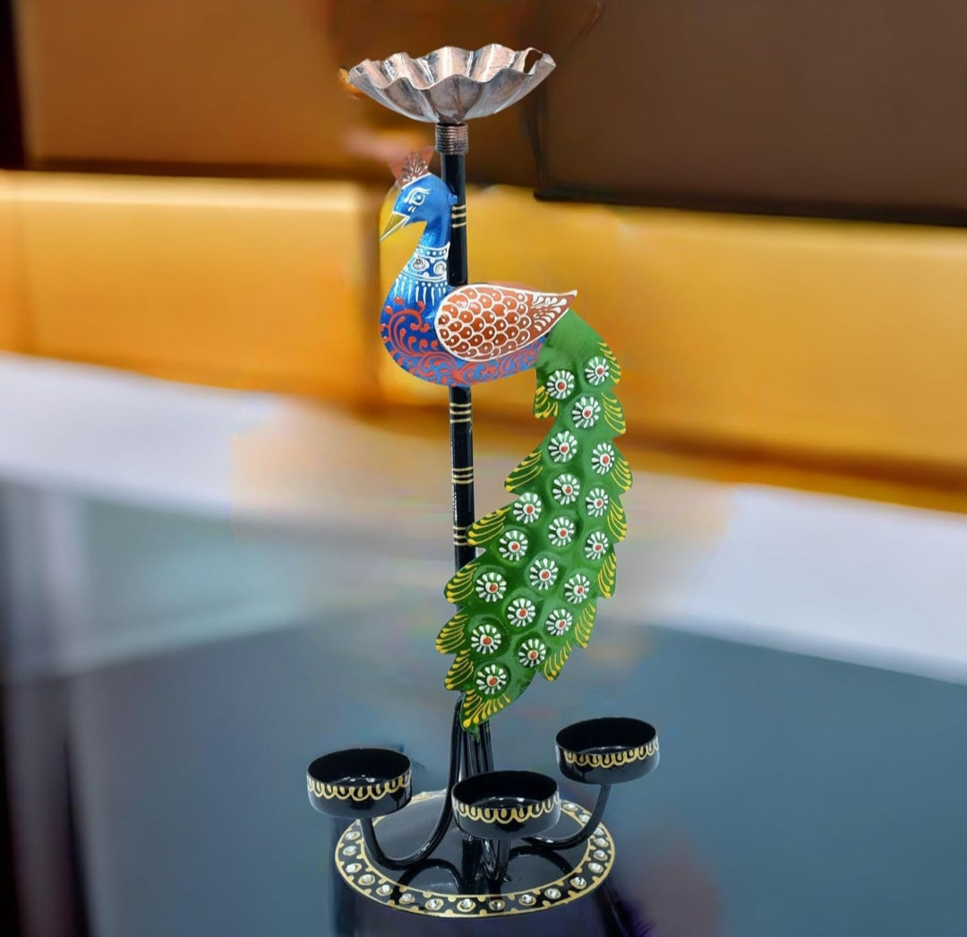 Handcrafted Metal Peacock Tealight Holder – Decorative Diya Stand
