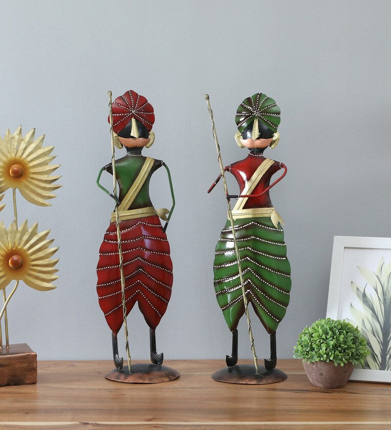 Tribal Leaf Warrior Metal Figurines – Set of 2 Chokidar