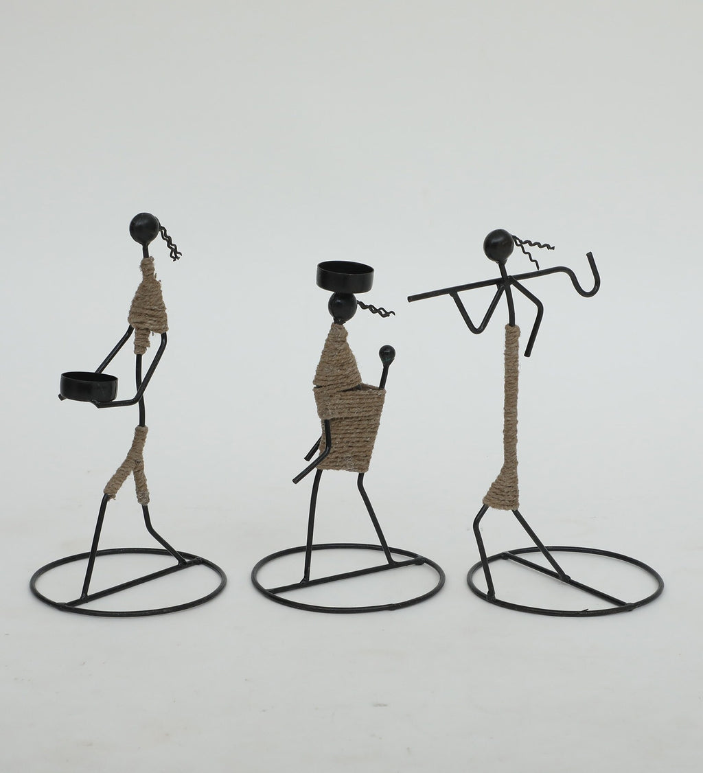 Handcrafted Iron Tribal Musician Tea Light Holder Set (Set of 3)