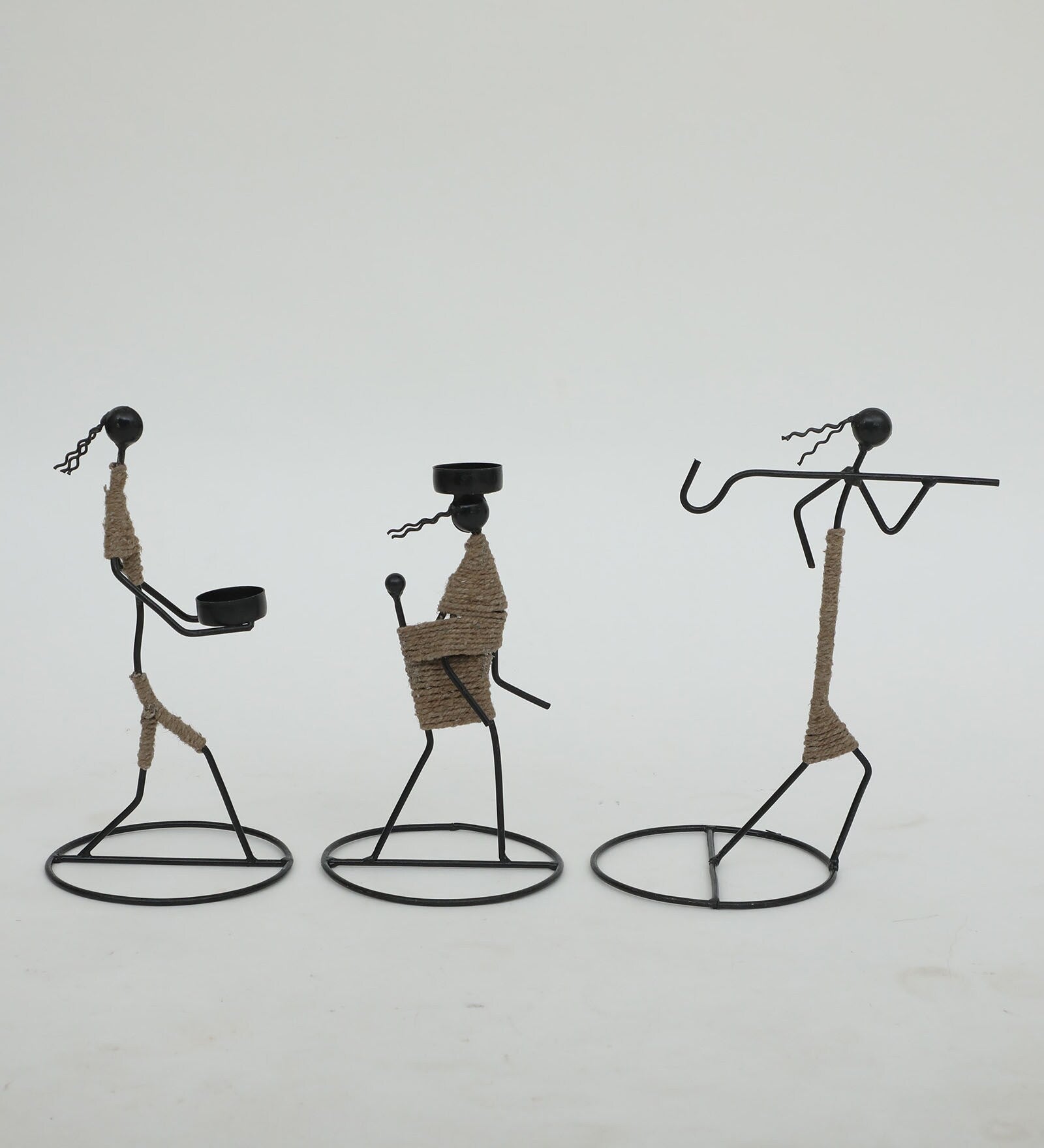 Handcrafted Iron Tribal Musician Tea Light Holder Set (Set of 3)