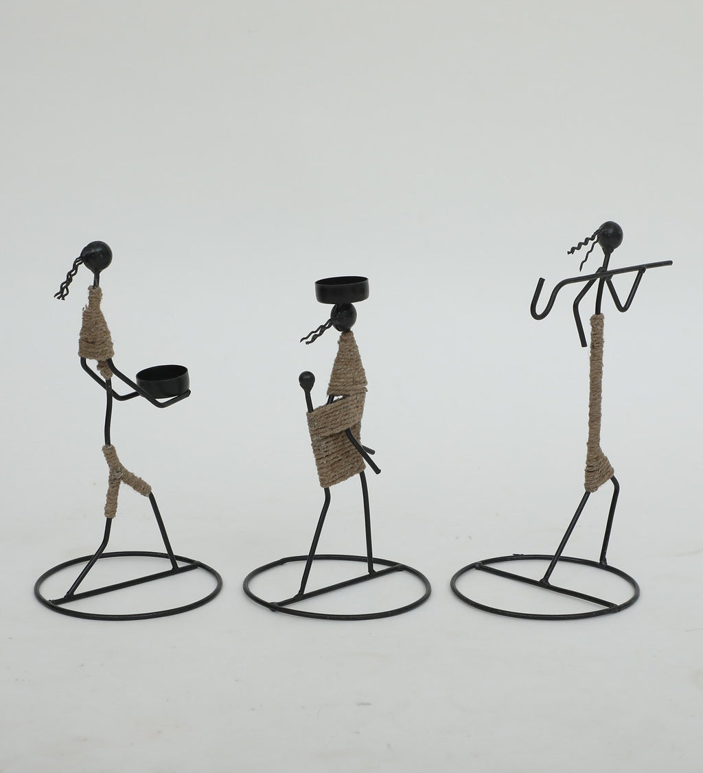 Handcrafted Iron Tribal Musician Tea Light Holder Set (Set of 3)