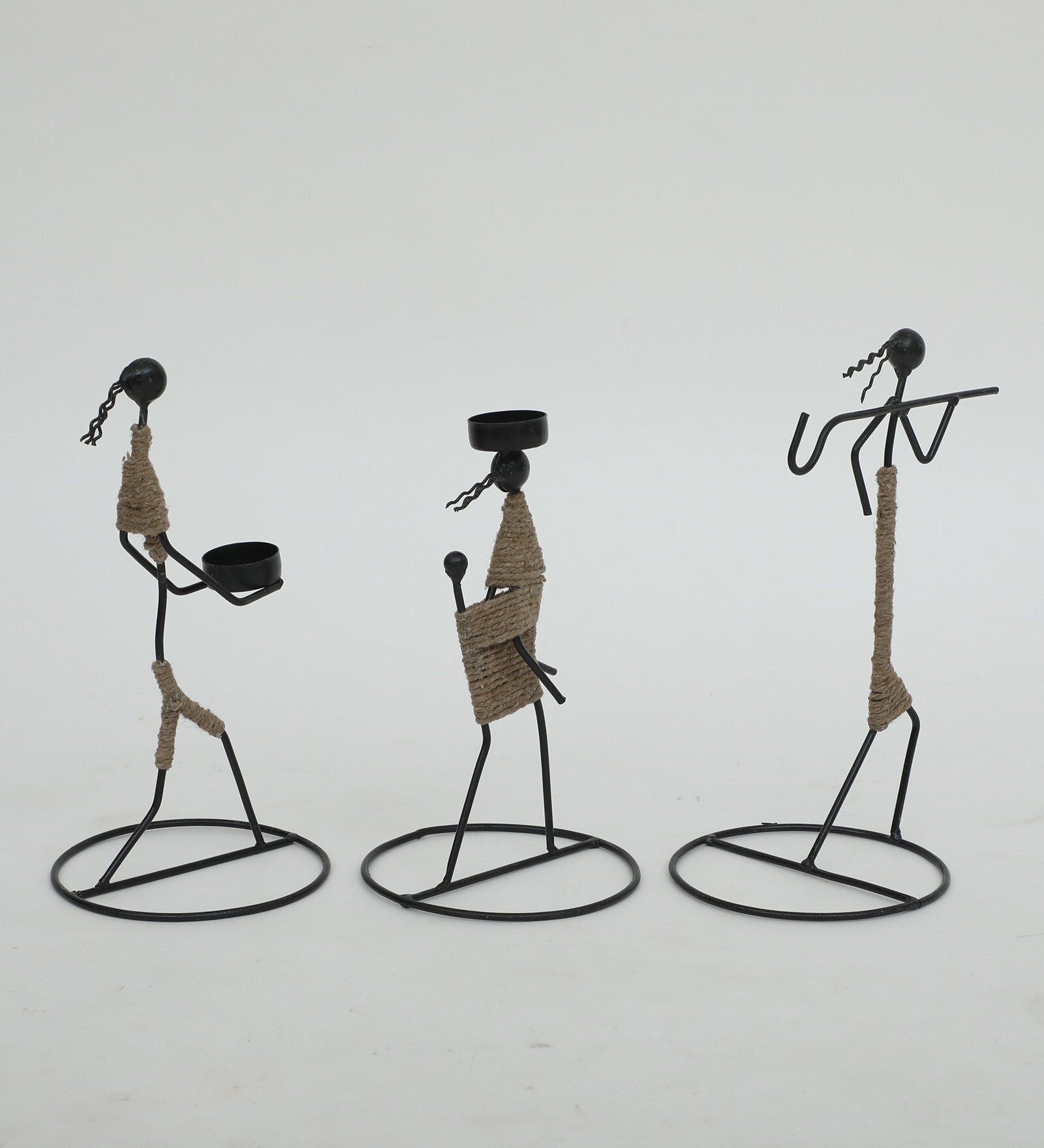 Handcrafted Iron Tribal Musician Tea Light Holder Set (Set of 3)