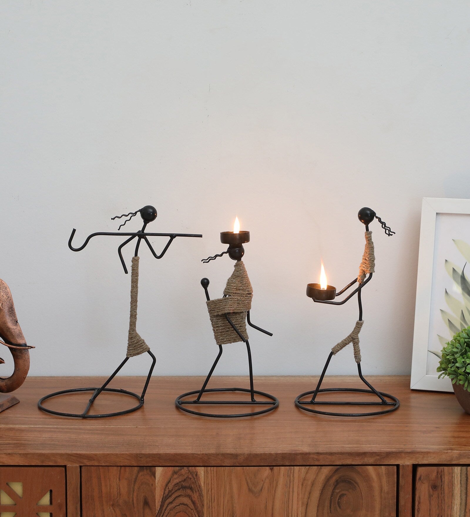 Handcrafted Iron Tribal Musician Tea Light Holder Set (Set of 3)