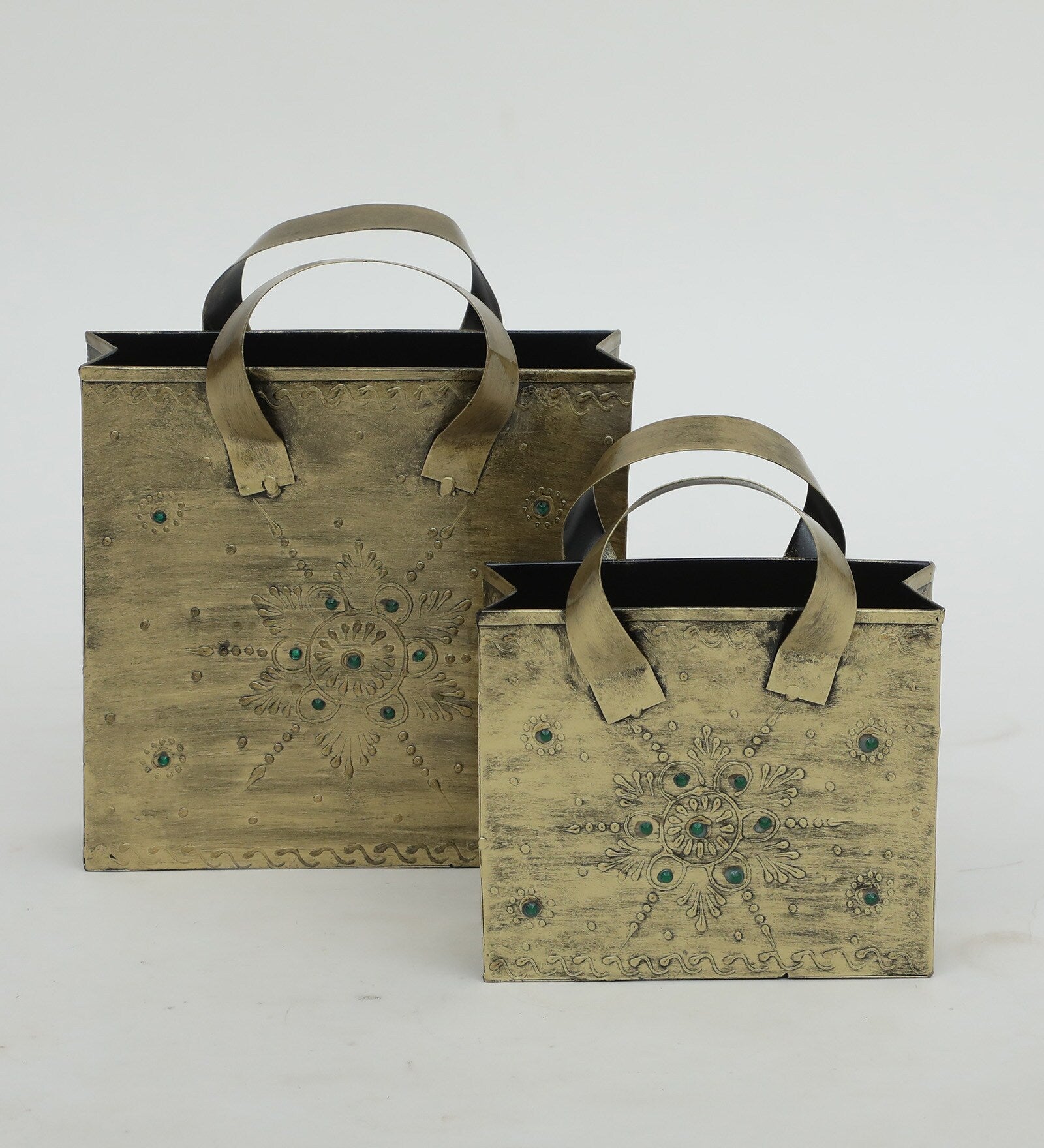 Antique Brass Finish Metal Tote Planters – Set of 2