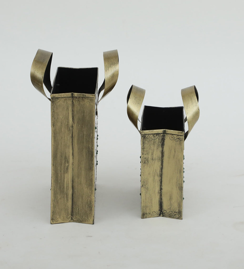 Antique Brass Finish Metal Tote Planters – Set of 2