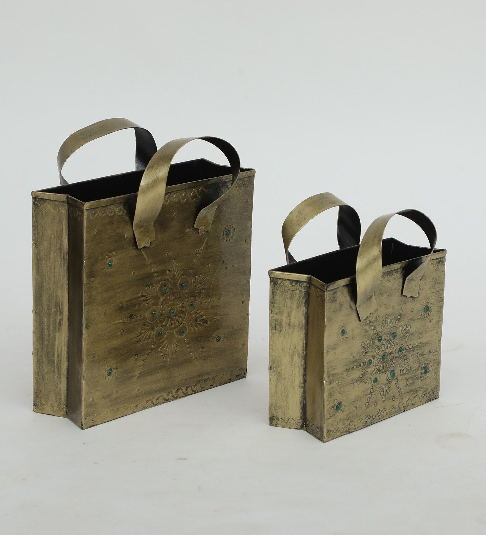 Antique Brass Finish Metal Tote Planters – Set of 2