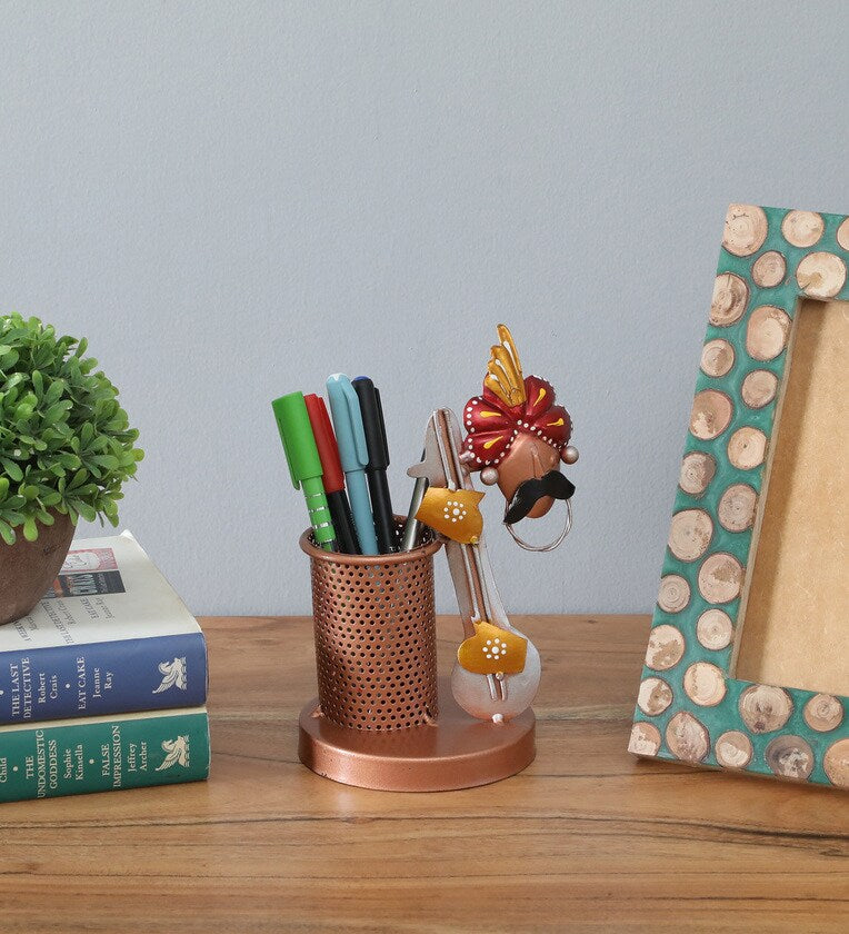 Rajasthani Musician-Themed Metal Pen Holder