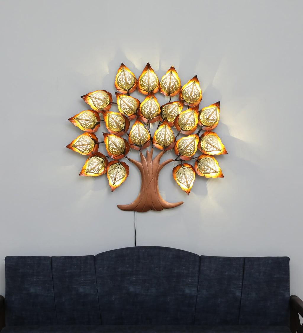 Golden Leaf Tree Metal Wall Art with LED Light (36 x 32 Inch)
