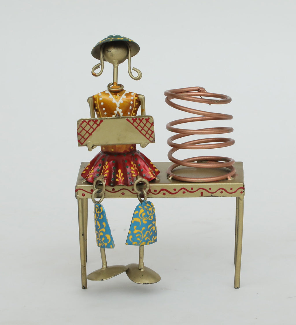 Handcrafted Metal Girl with Book Pen Stand – Artistic Desk Organizer