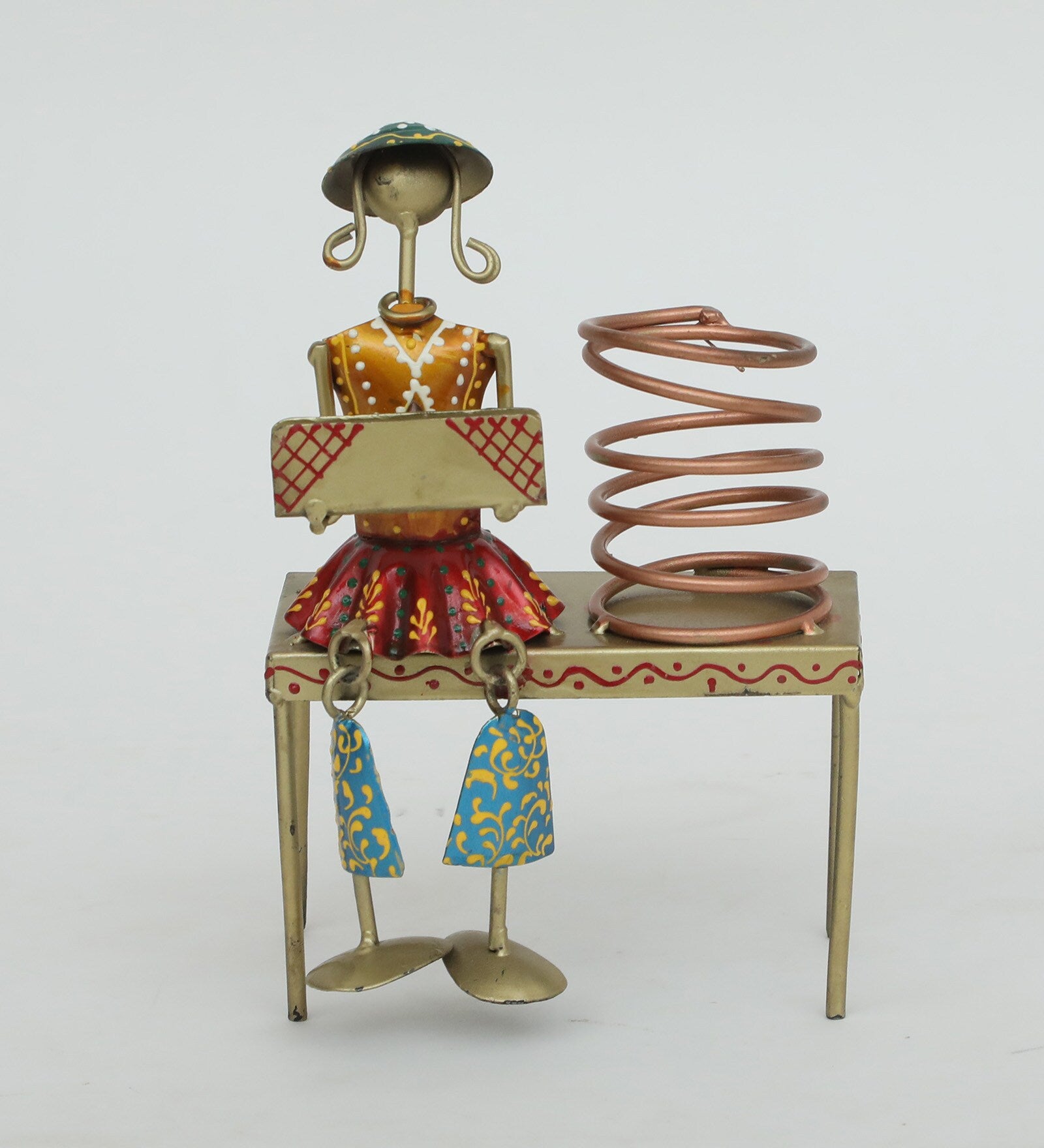 Handcrafted Metal Girl with Book Pen Stand – Artistic Desk Organizer