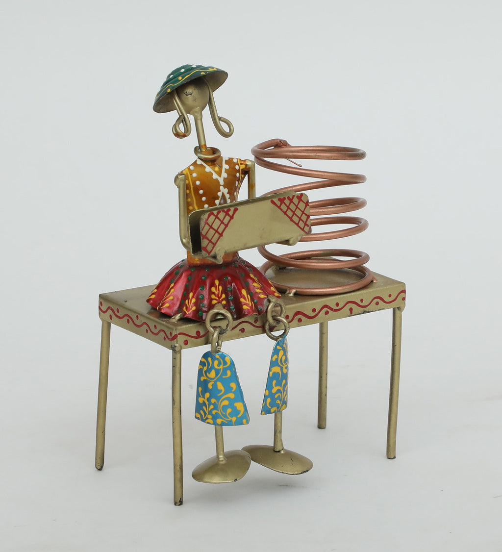 Handcrafted Metal Girl with Book Pen Stand – Artistic Desk Organizer