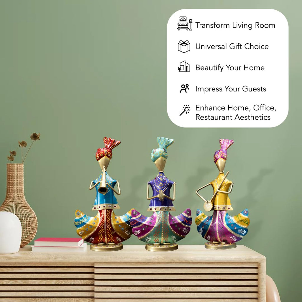 Vibrant Rajasthani Musician Trio – Handcrafted Metal Figurines (Set of 3)