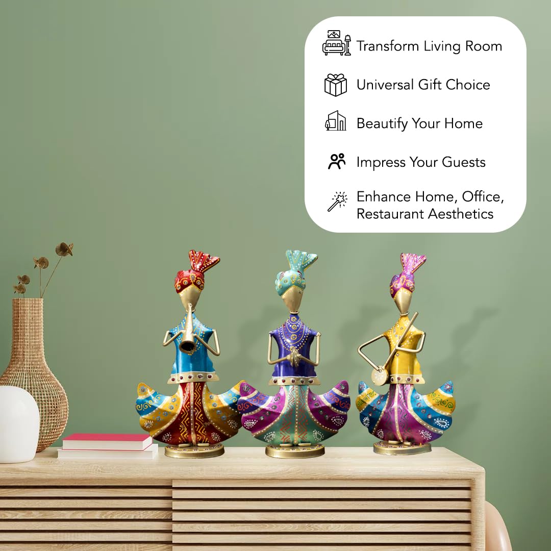 Vibrant Rajasthani Musician Trio – Handcrafted Metal Figurines (Set of 3)