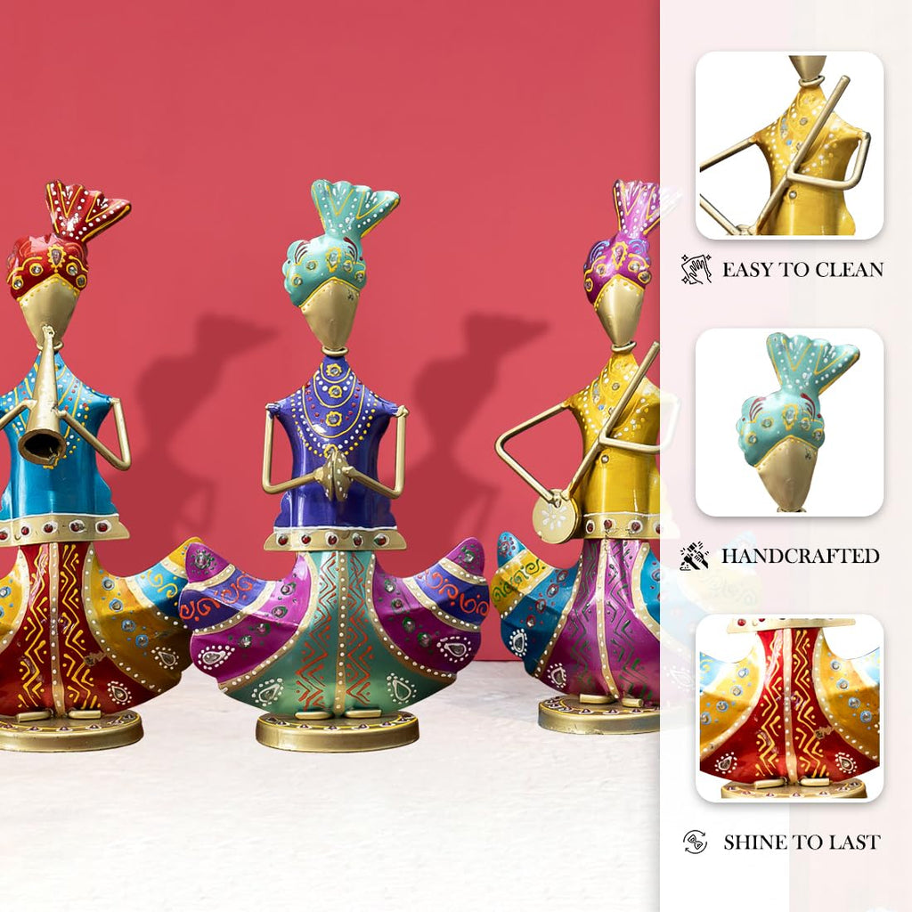 Vibrant Rajasthani Musician Trio – Handcrafted Metal Figurines (Set of 3)