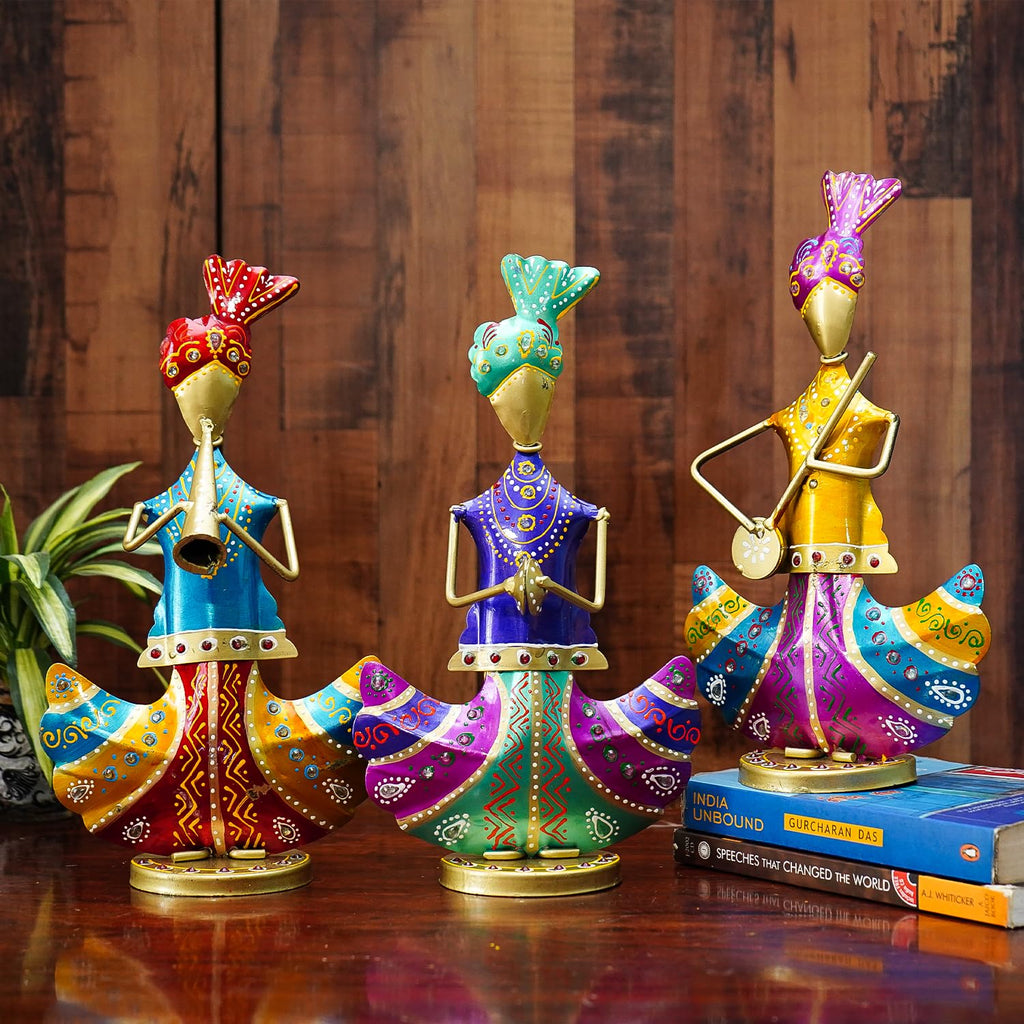 Vibrant Rajasthani Musician Trio – Handcrafted Metal Figurines (Set of 3)