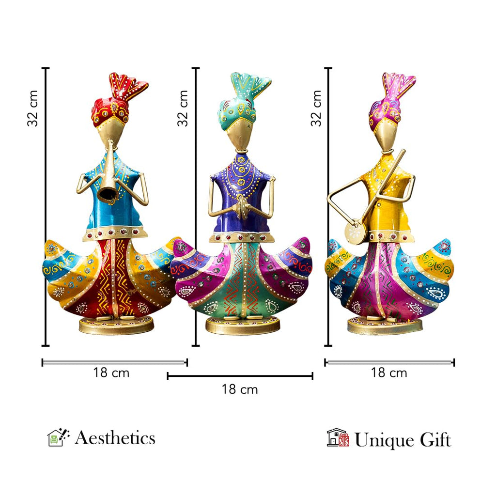 Vibrant Rajasthani Musician Trio – Handcrafted Metal Figurines (Set of 3)